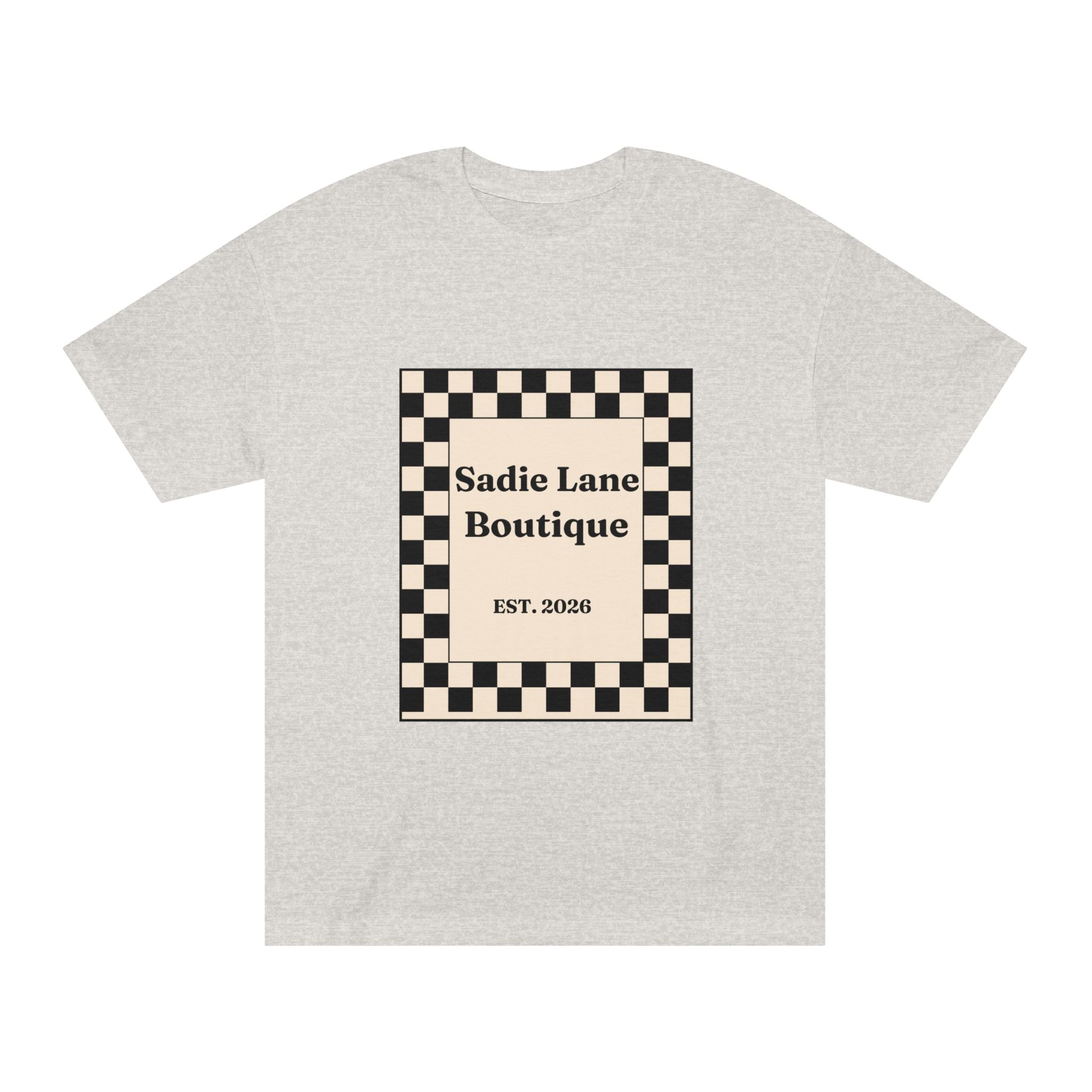 Boutique Checkerboard Tee — "Sadie Lane Boutique EST. 2026"