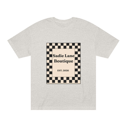 Boutique Checkerboard Tee — "Sadie Lane Boutique EST. 2026"