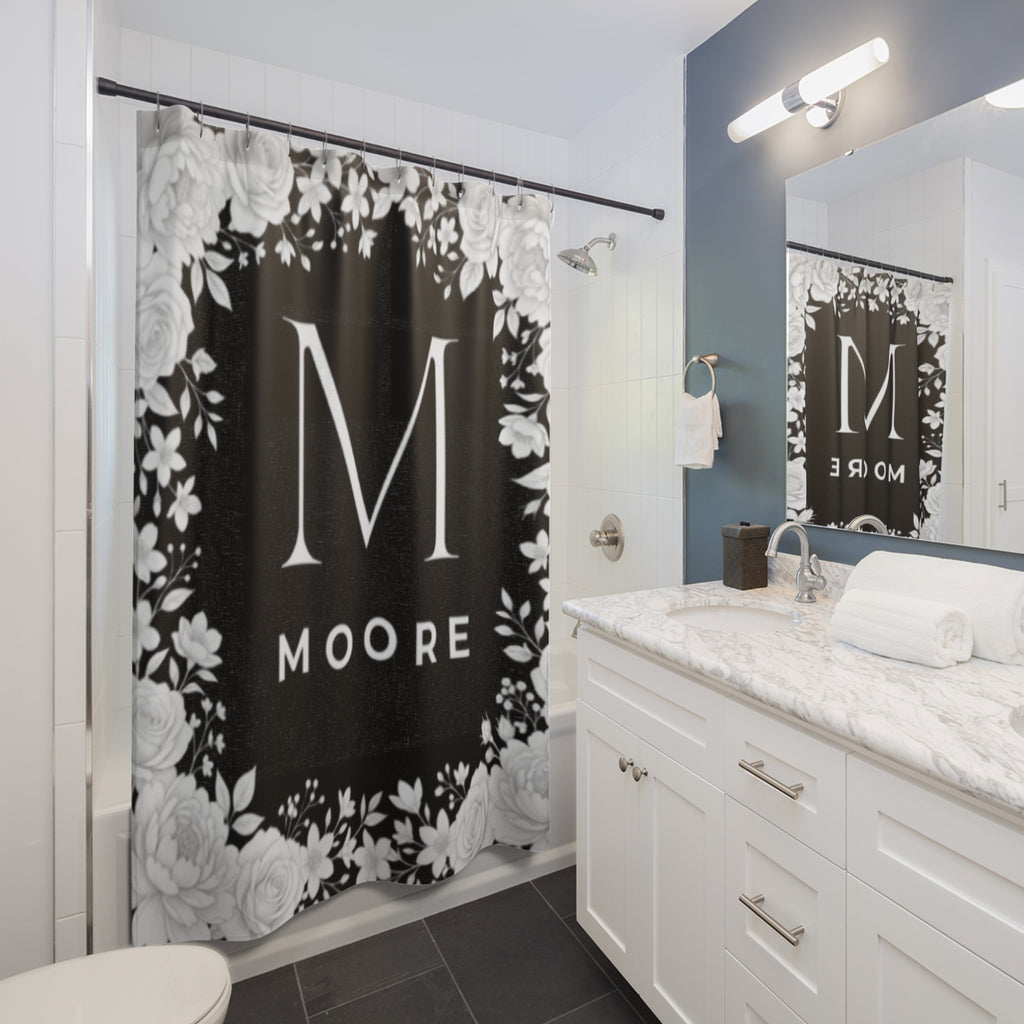 Monogram Floral Shower Curtain — Personalized Initial 'M' with Moore Name, Elegant Black & White Bathroom Decor