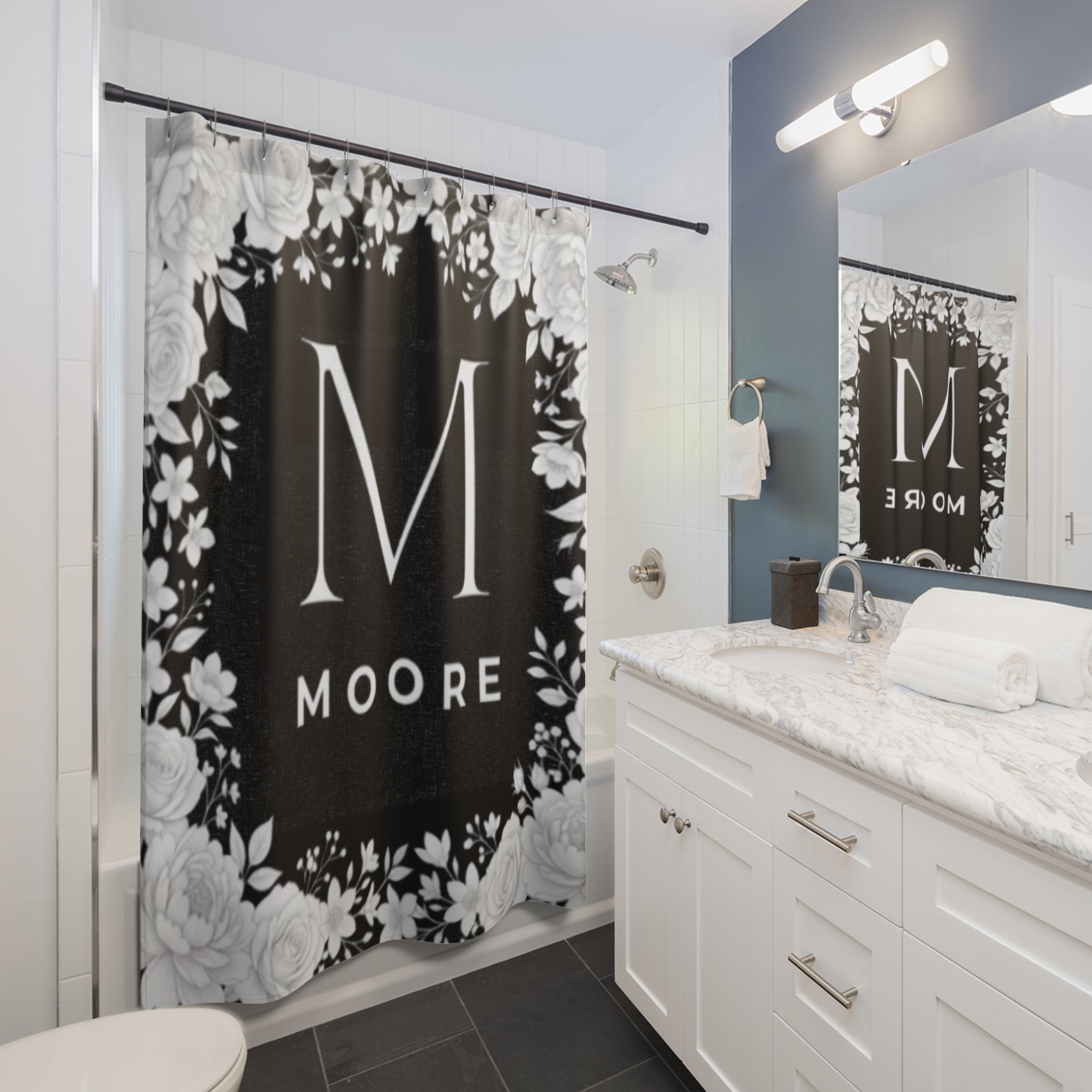 Monogram Floral Shower Curtain — Personalized Initial 'M' with Moore Name, Elegant Black & White Bathroom Decor