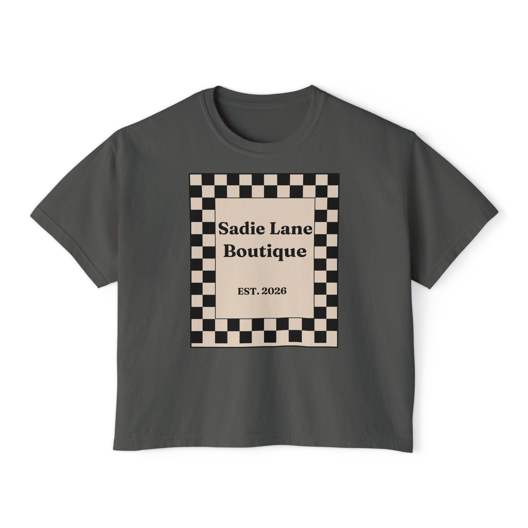 Sadie Lane Boutique Checkered Boxy Tee — Women’s Vintage Logo Crop Shirt