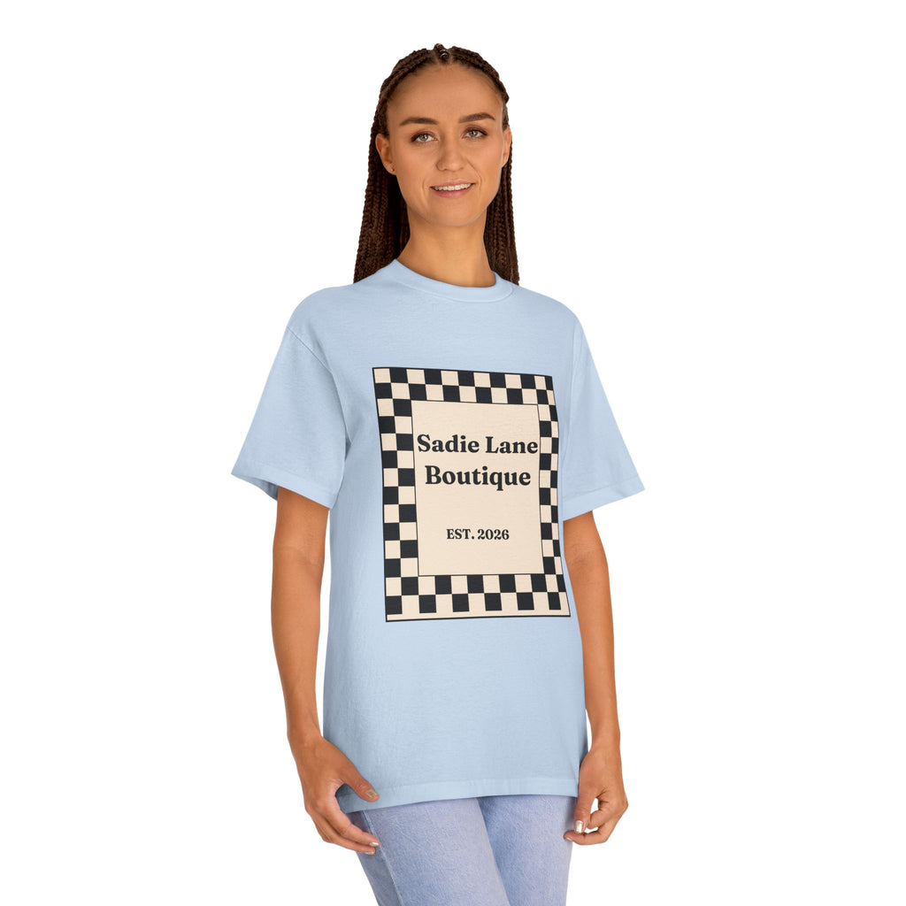 Boutique Checkerboard Tee — "Sadie Lane Boutique EST. 2026"