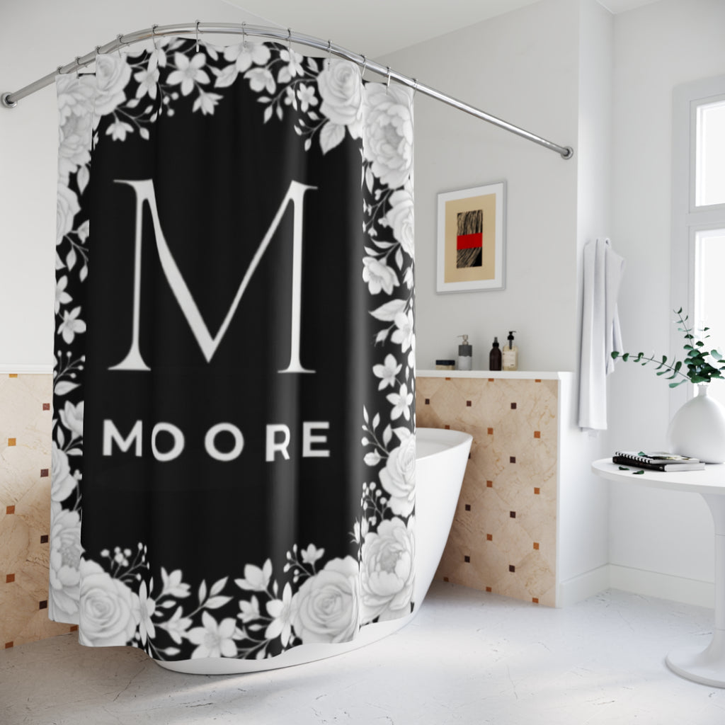 Monogram Floral Shower Curtain — Personalized Initial 'M' with Moore Name, Elegant Black & White Bathroom Decor