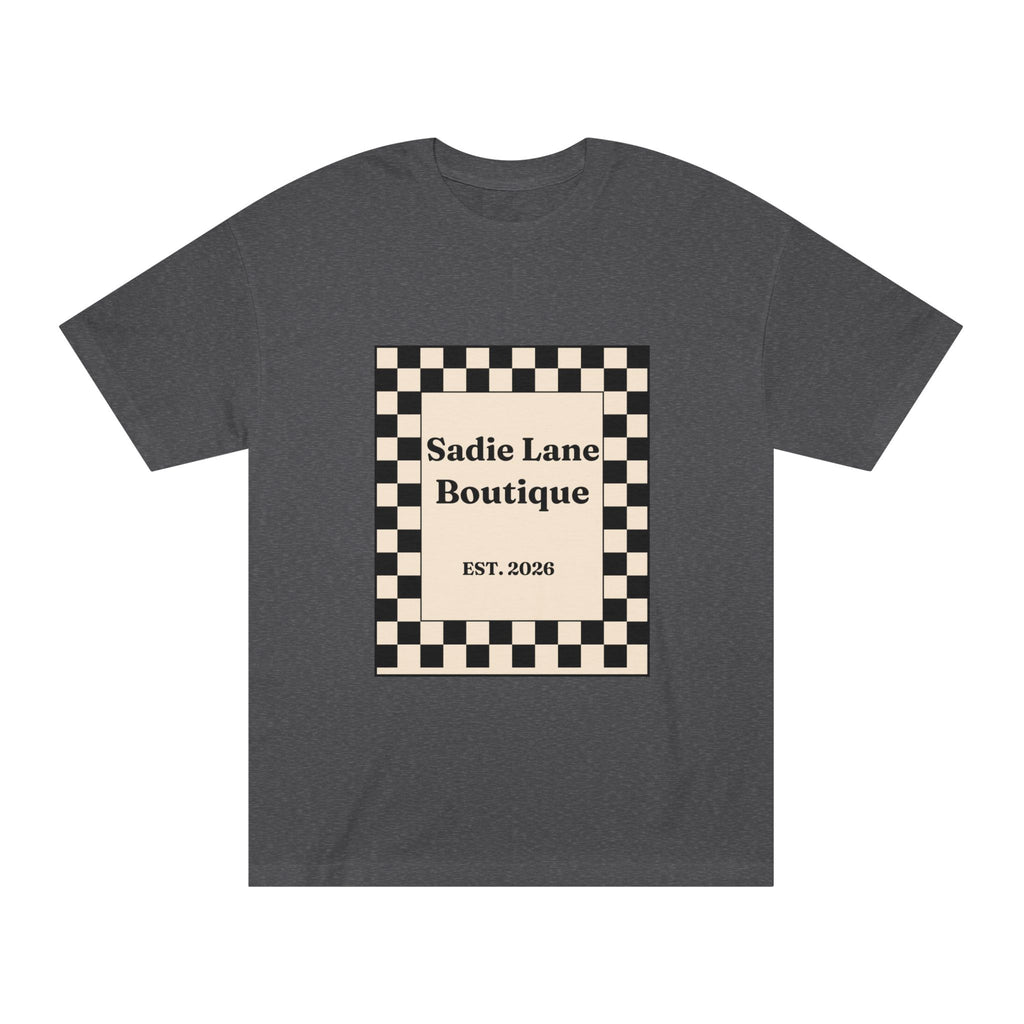 Boutique Checkerboard Tee — "Sadie Lane Boutique EST. 2026"
