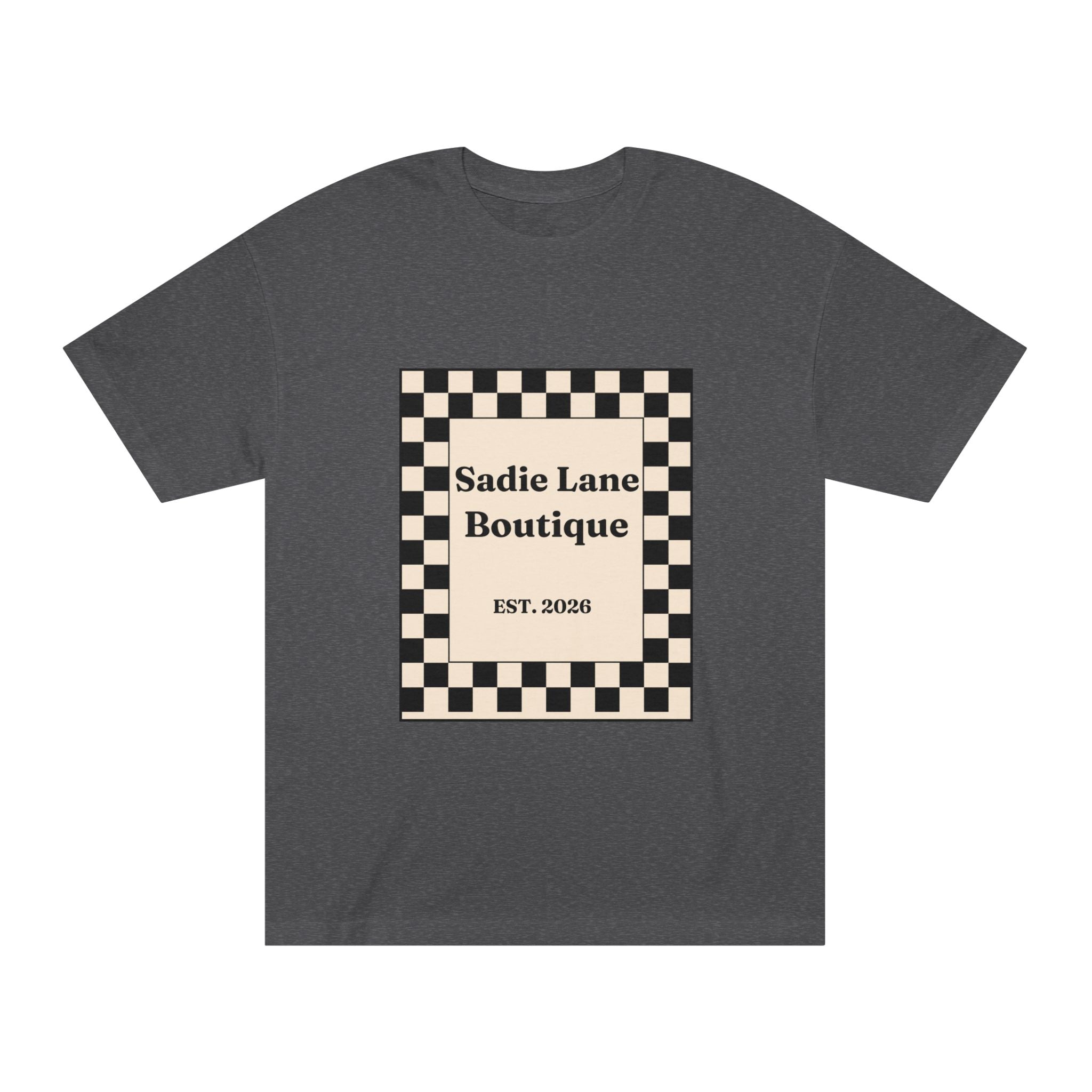 Boutique Checkerboard Tee — "Sadie Lane Boutique EST. 2026"