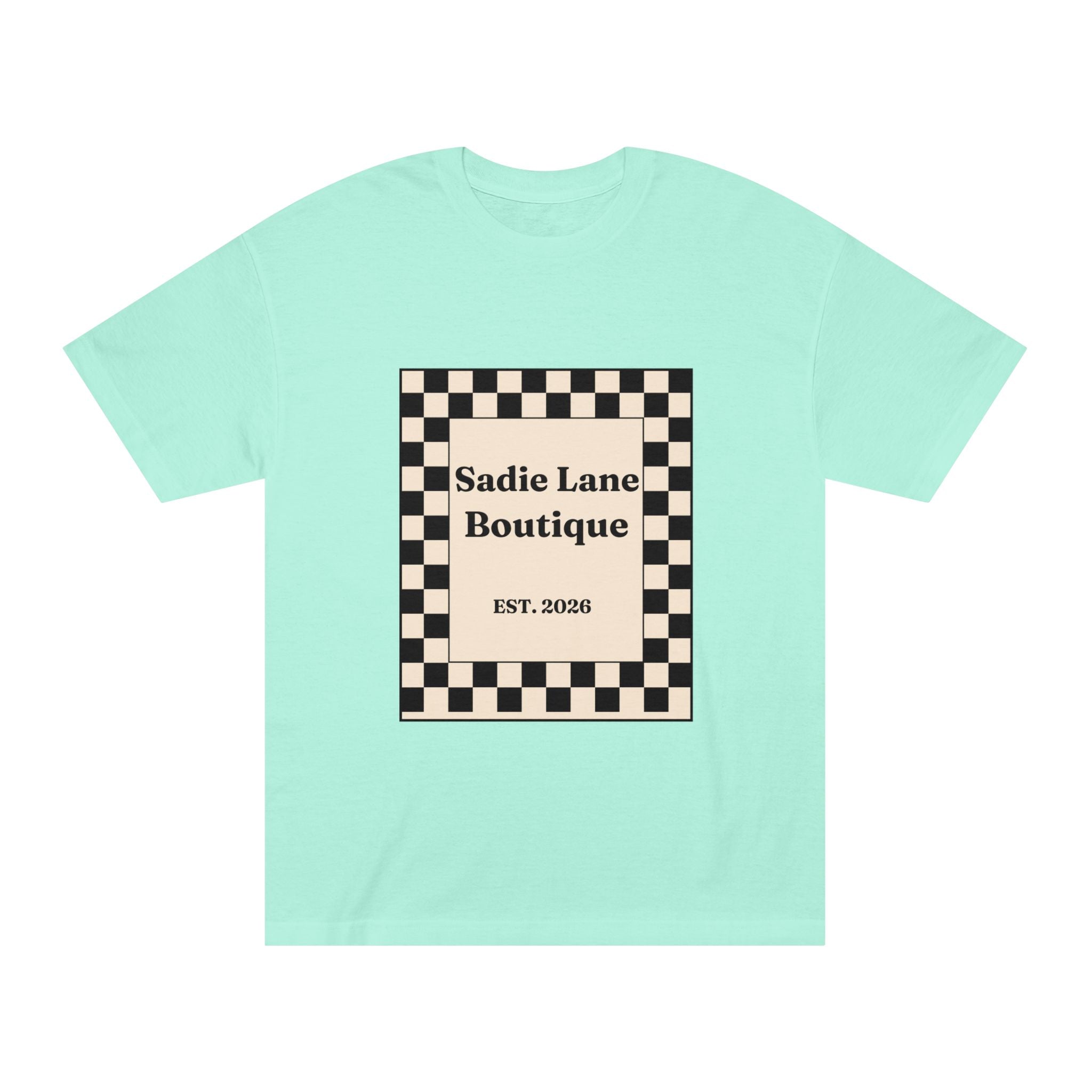 Boutique Checkerboard Tee — "Sadie Lane Boutique EST. 2026"