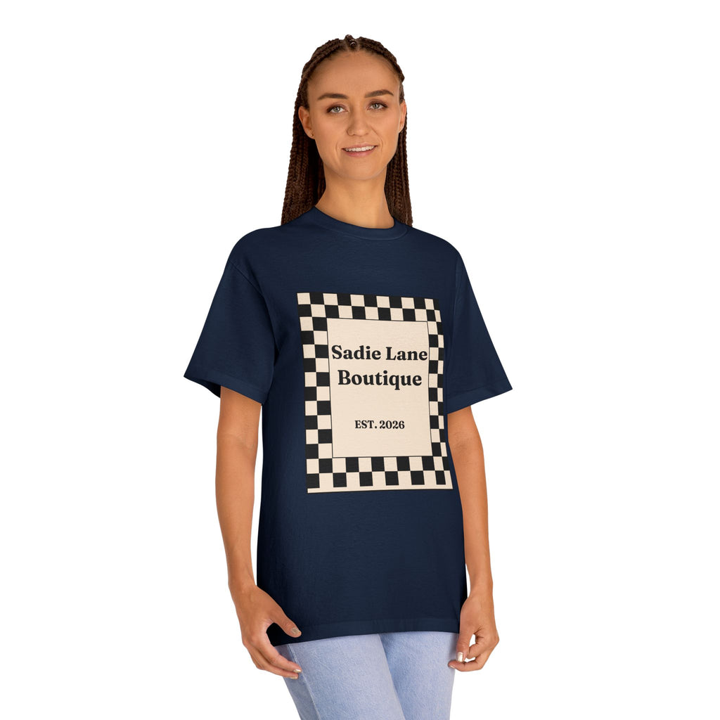 Boutique Checkerboard Tee — "Sadie Lane Boutique EST. 2026"