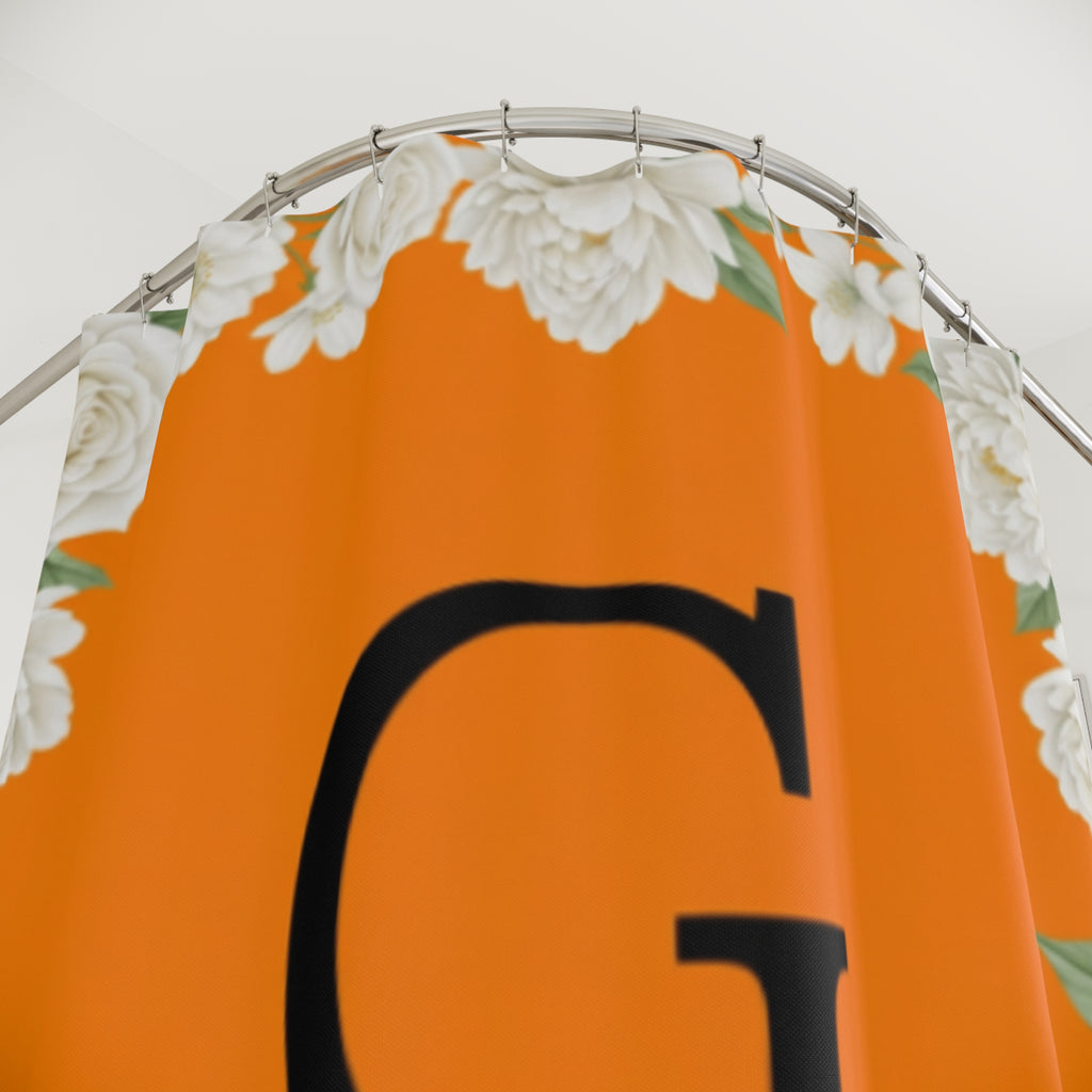 Monogram Shower Curtain — Orange Floral Initial 'G' with 'Garrison' Custom Name