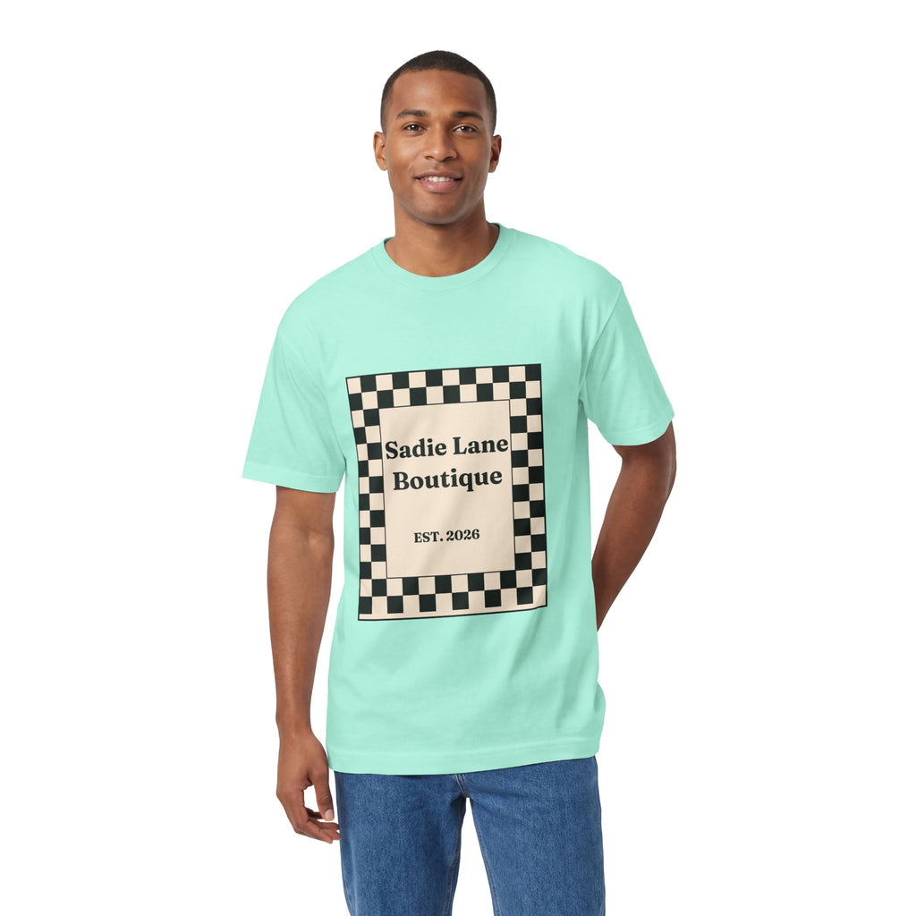 Boutique Checkerboard Tee — "Sadie Lane Boutique EST. 2026"