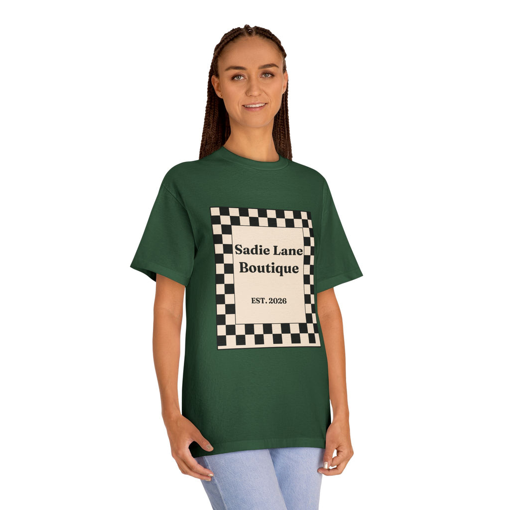 Boutique Checkerboard Tee — "Sadie Lane Boutique EST. 2026"
