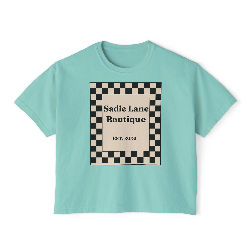 Sadie Lane Boutique Checkered Boxy Tee — Women’s Vintage Logo Crop Shirt