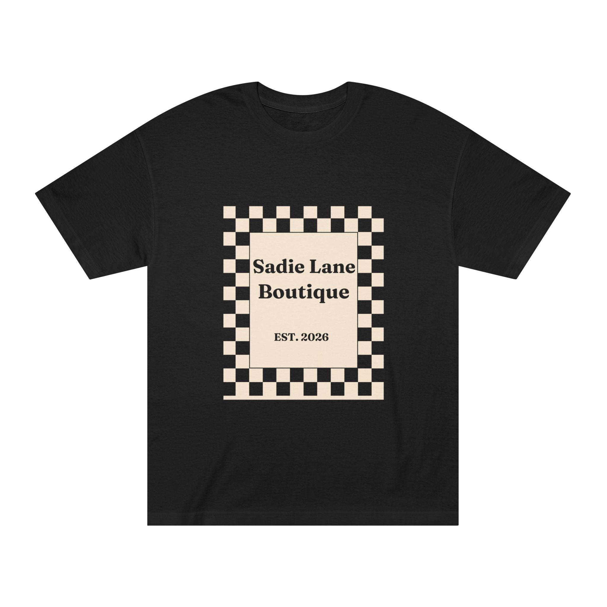 Boutique Checkerboard Tee — "Sadie Lane Boutique EST. 2026"