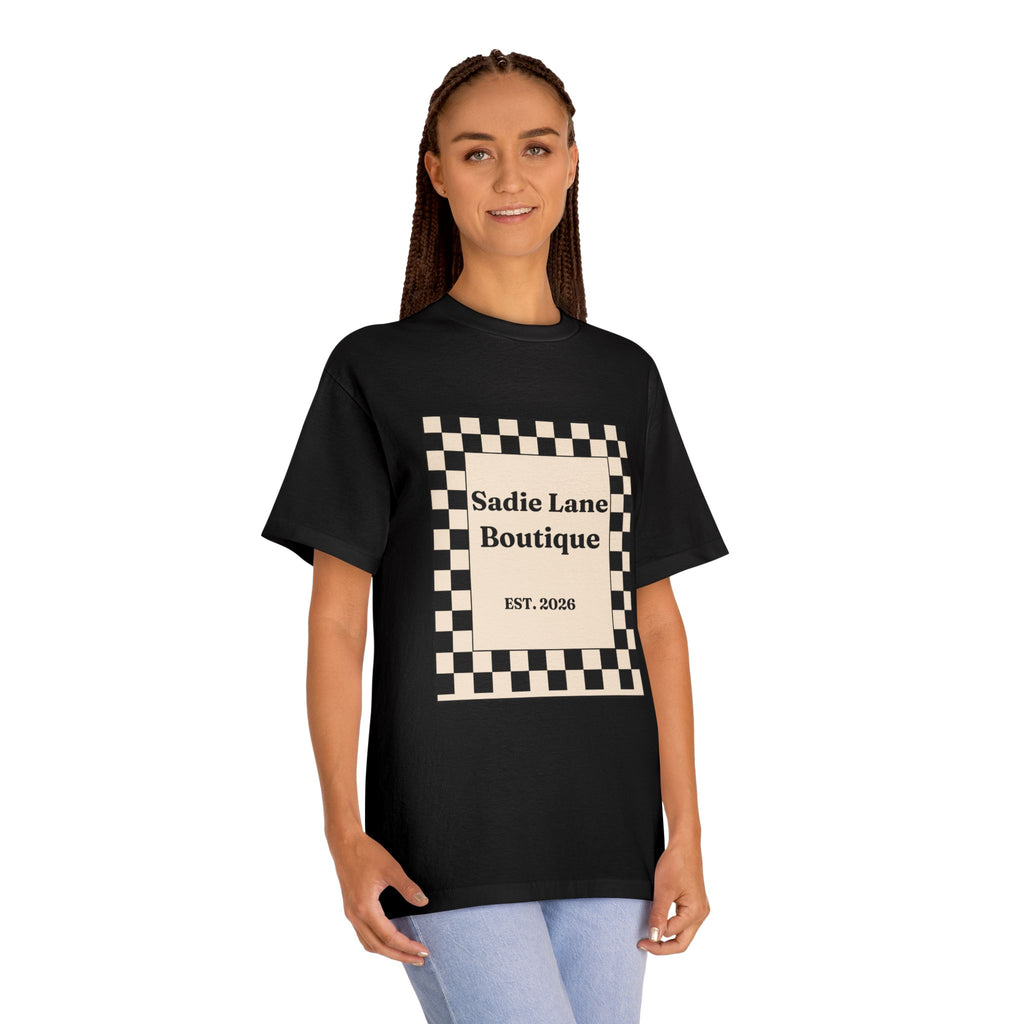 Boutique Checkerboard Tee — "Sadie Lane Boutique EST. 2026"