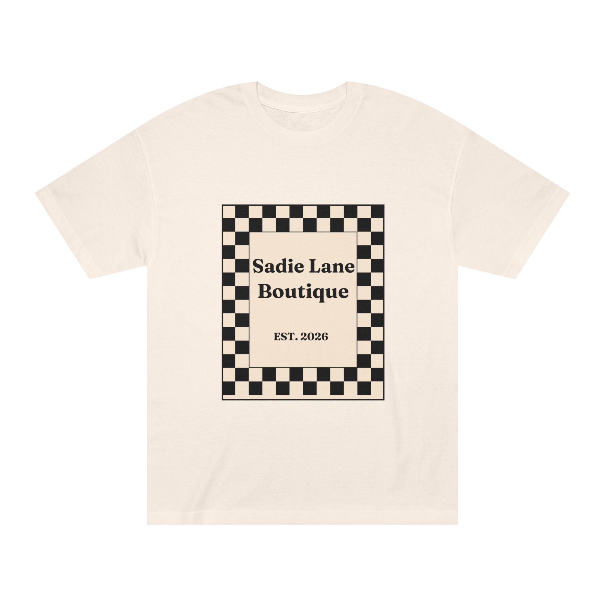 Boutique Checkerboard Tee — "Sadie Lane Boutique EST. 2026"