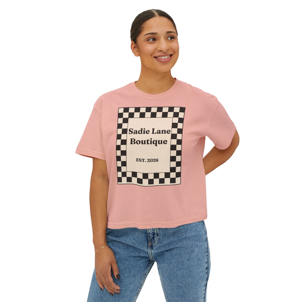 Sadie Lane Boutique Checkered Boxy Tee — Women’s Vintage Logo Crop Shirt