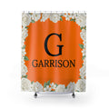 Monogram Shower Curtain — Orange Floral Initial 'G' with 'Garrison' Custom Name