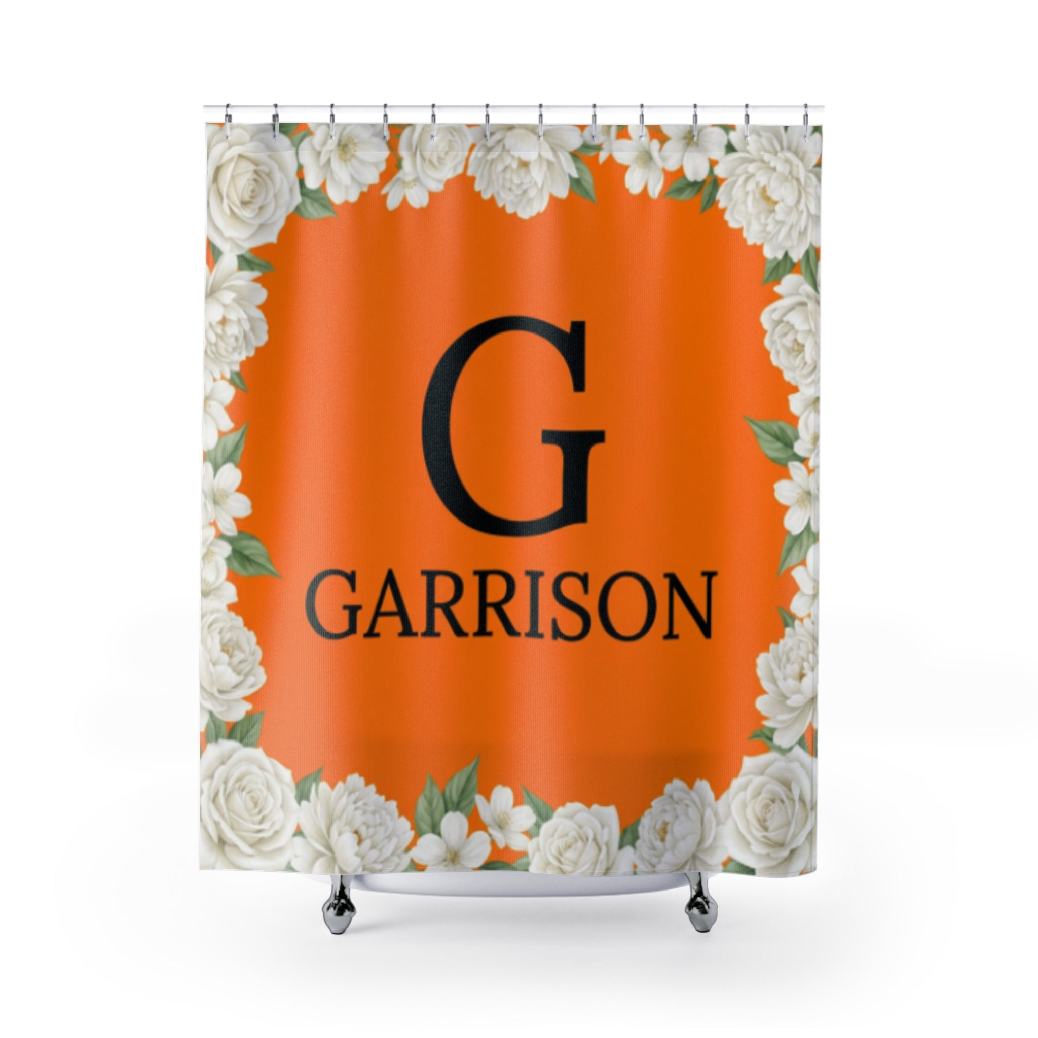 Monogram Shower Curtain — Orange Floral Initial 'G' with 'Garrison' Custom Name