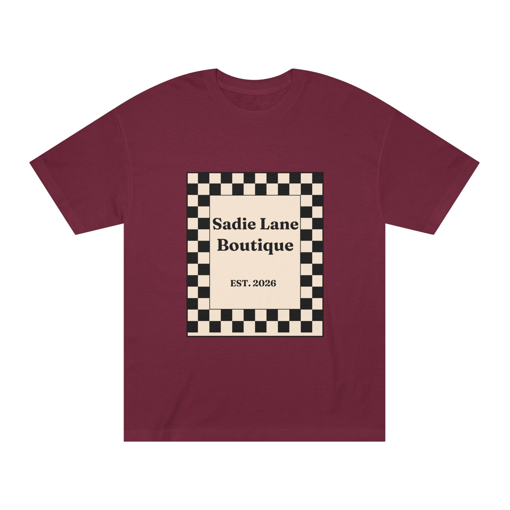 Boutique Checkerboard Tee — "Sadie Lane Boutique EST. 2026"