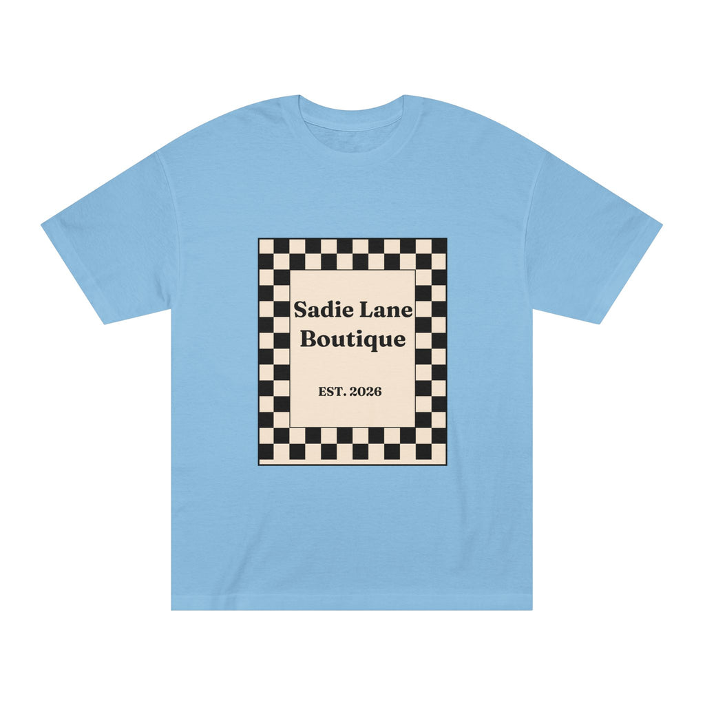 Boutique Checkerboard Tee — "Sadie Lane Boutique EST. 2026"
