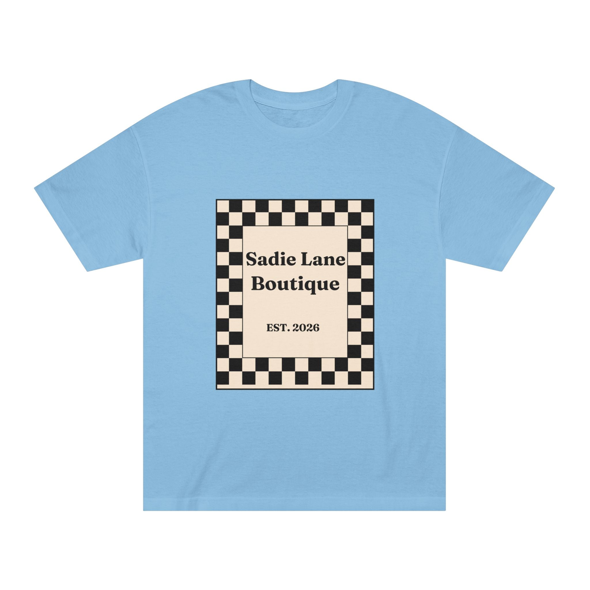 Boutique Checkerboard Tee — "Sadie Lane Boutique EST. 2026"