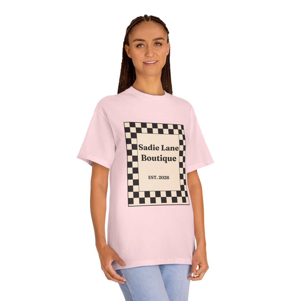 Boutique Checkerboard Tee — "Sadie Lane Boutique EST. 2026"