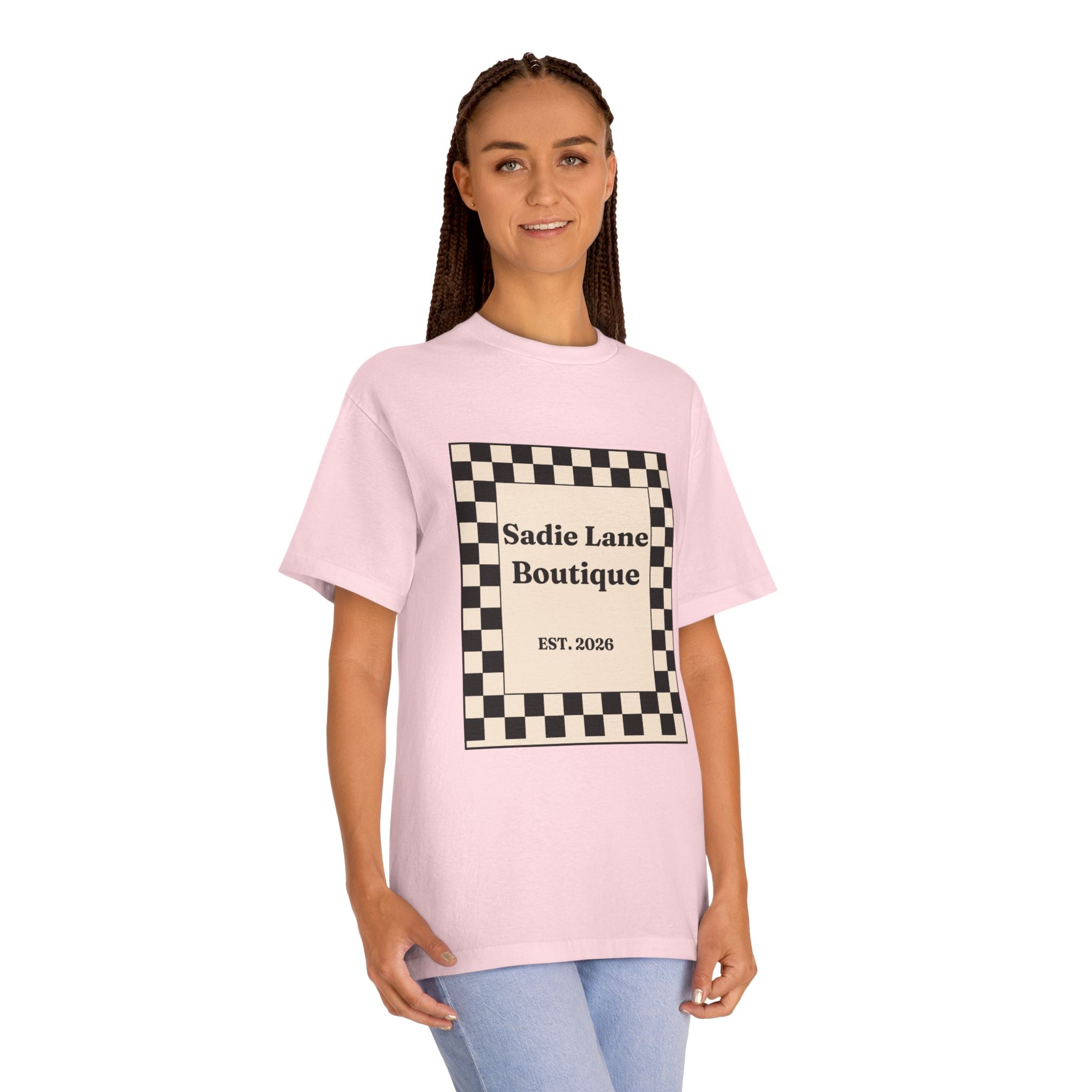 Boutique Checkerboard Tee — "Sadie Lane Boutique EST. 2026"