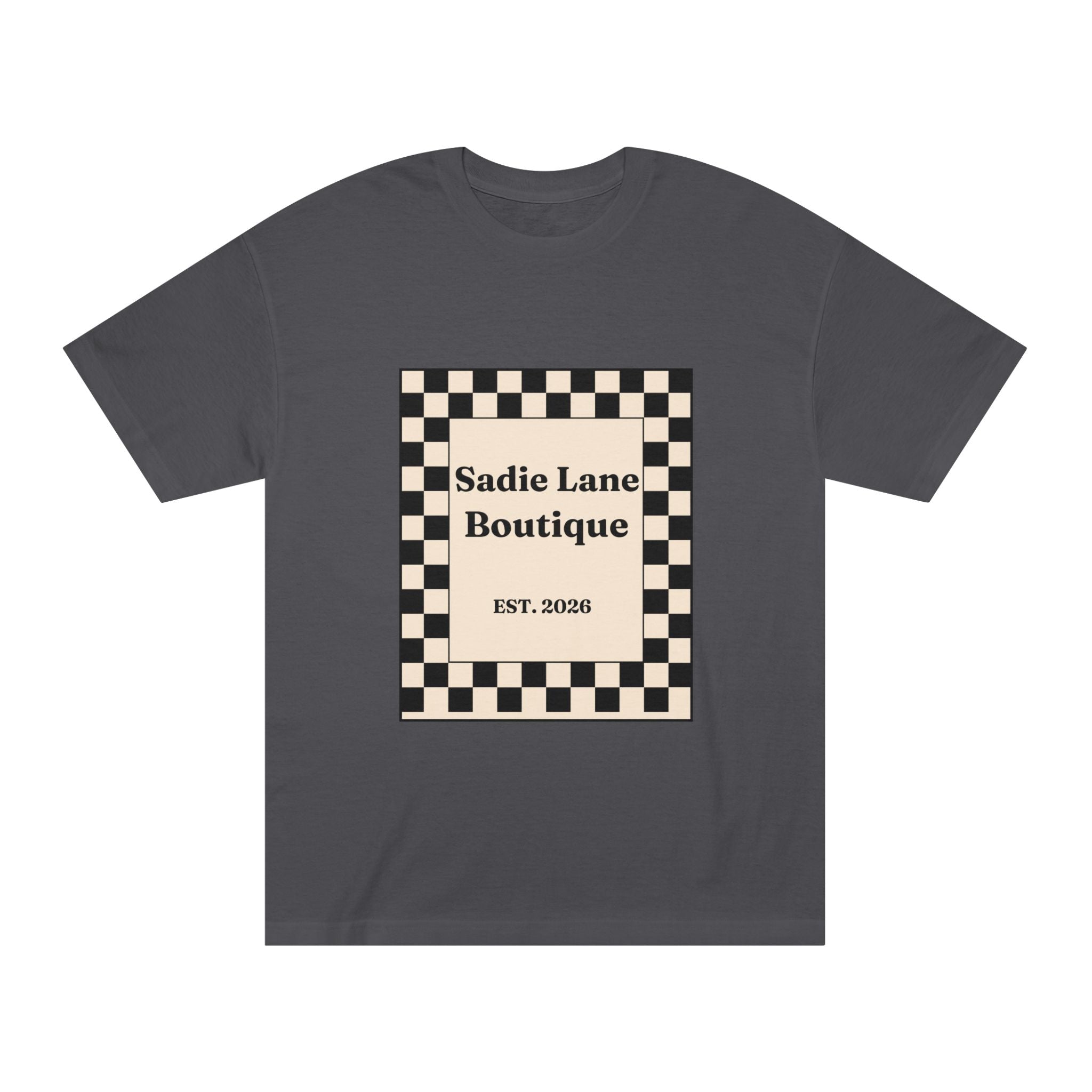 Boutique Checkerboard Tee — "Sadie Lane Boutique EST. 2026"