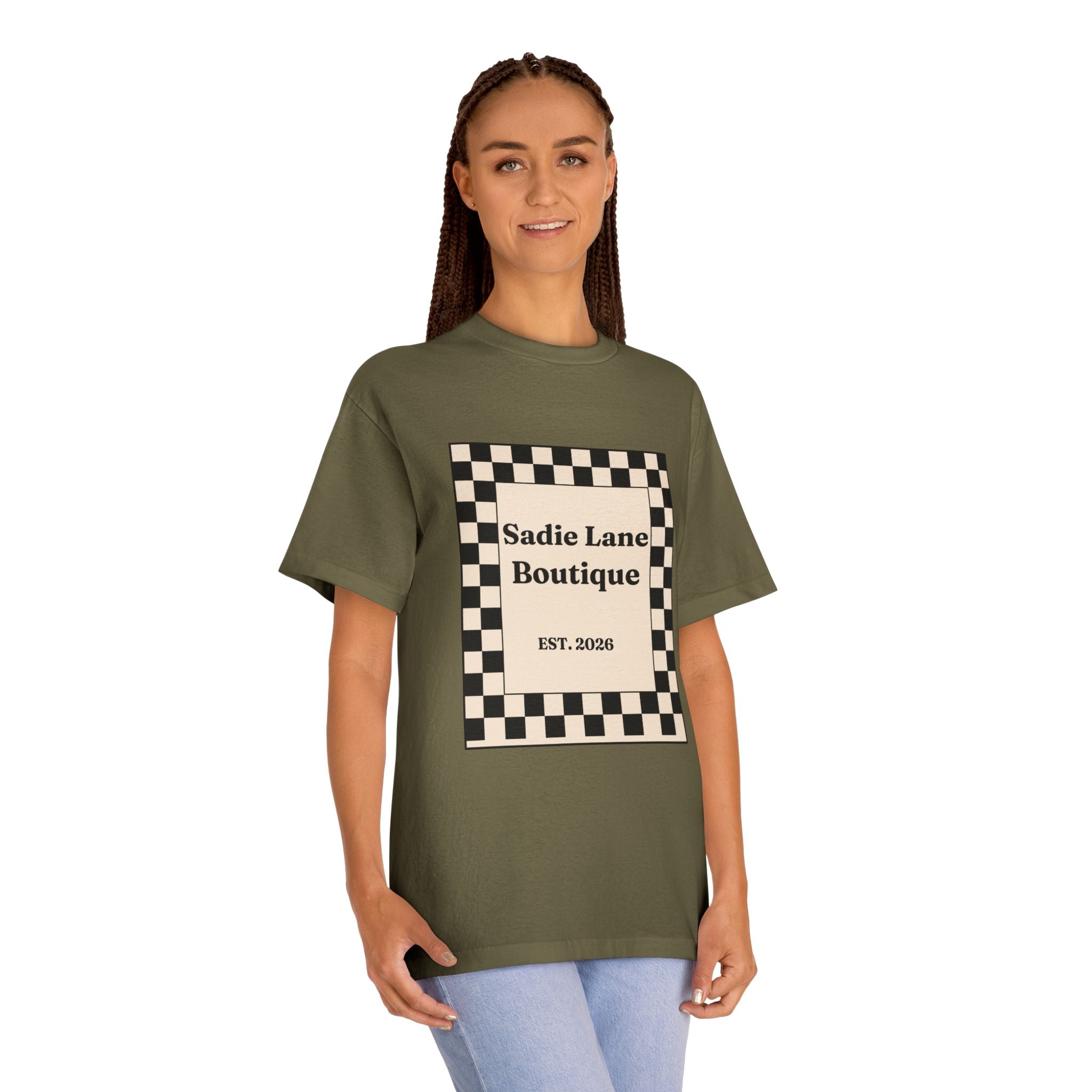 Boutique Checkerboard Tee — "Sadie Lane Boutique EST. 2026"