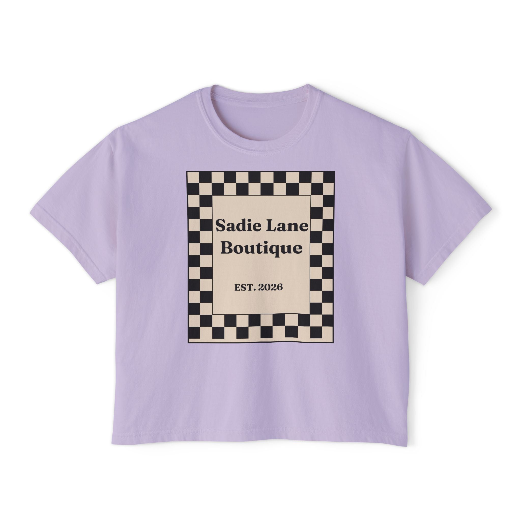 Sadie Lane Boutique Checkered Boxy Tee — Women’s Vintage Logo Crop Shirt