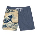 Wave Print Swim Shorts — Hokusai Inspired Men’s Mid-Length Trunks