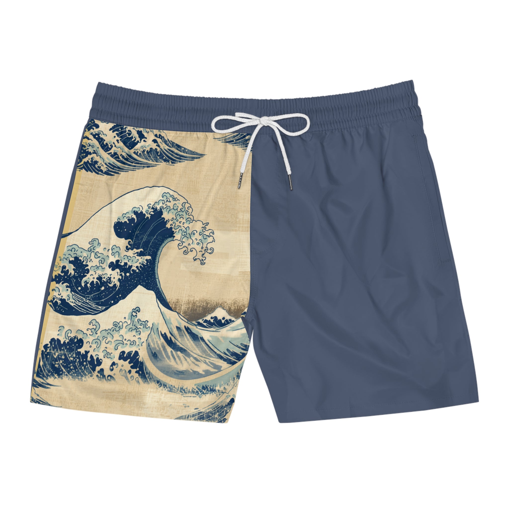 Wave Print Swim Shorts — Hokusai Inspired Men’s Mid-Length Trunks