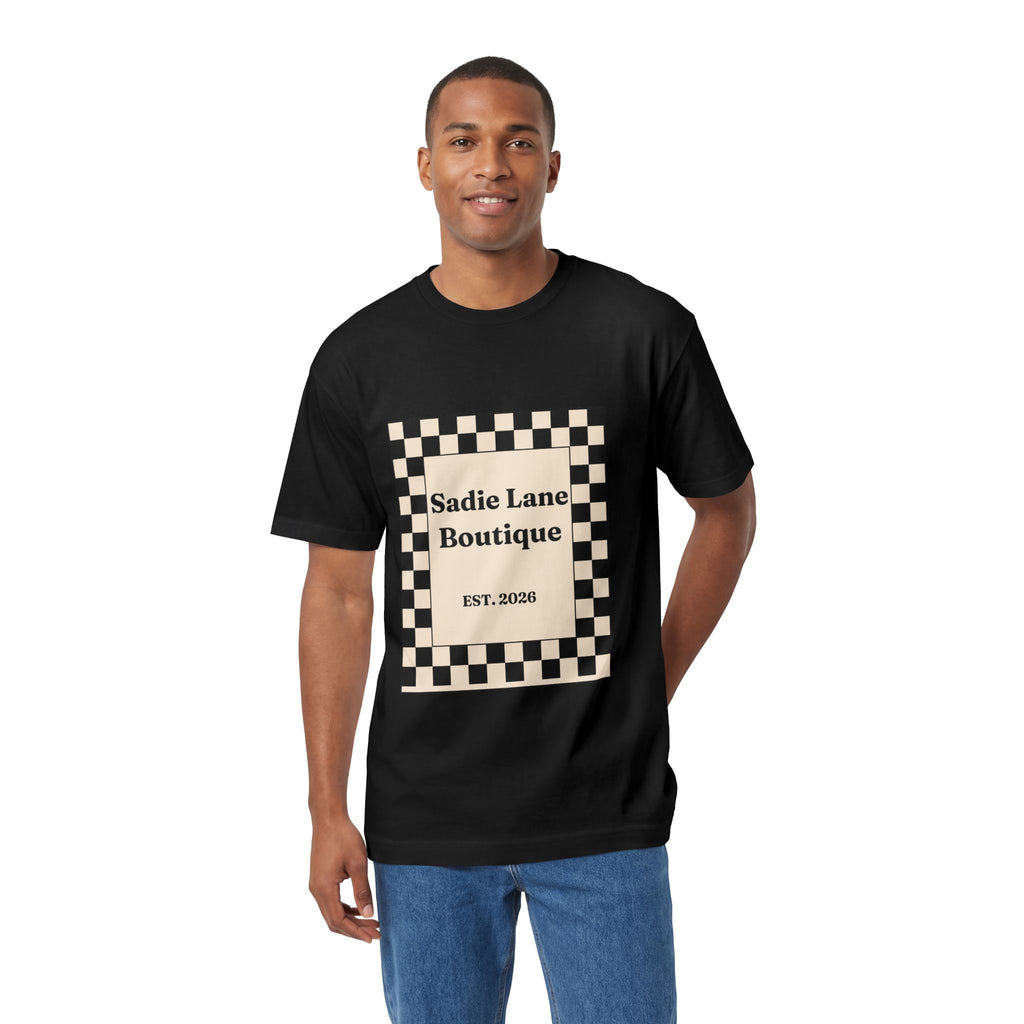 Boutique Checkerboard Tee — "Sadie Lane Boutique EST. 2026"