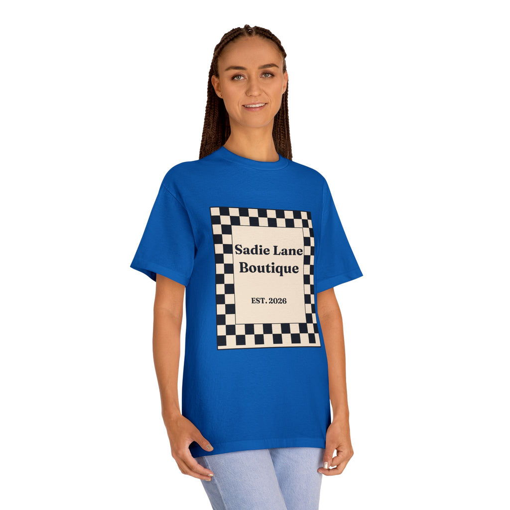 Boutique Checkerboard Tee — "Sadie Lane Boutique EST. 2026"