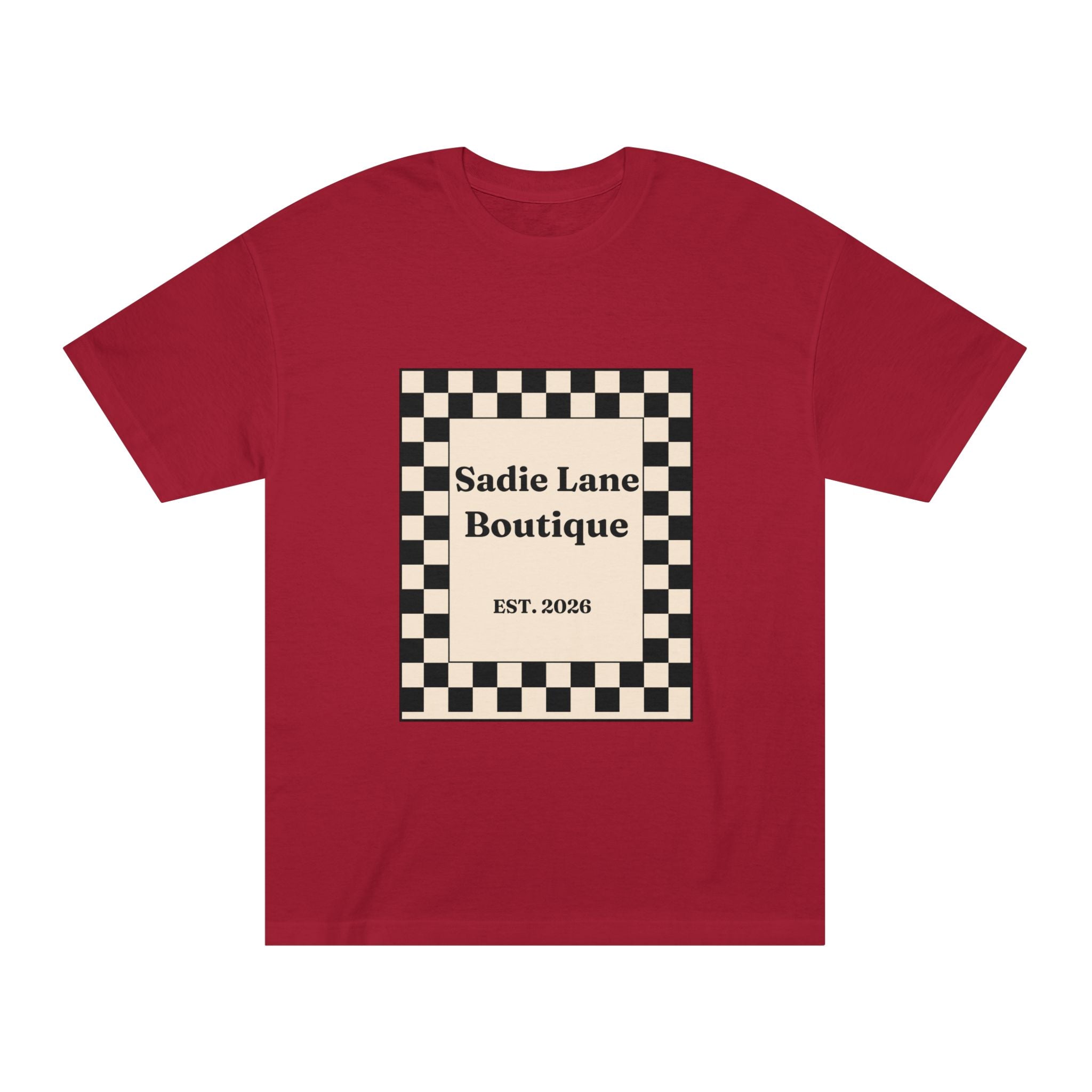 Boutique Checkerboard Tee — "Sadie Lane Boutique EST. 2026"