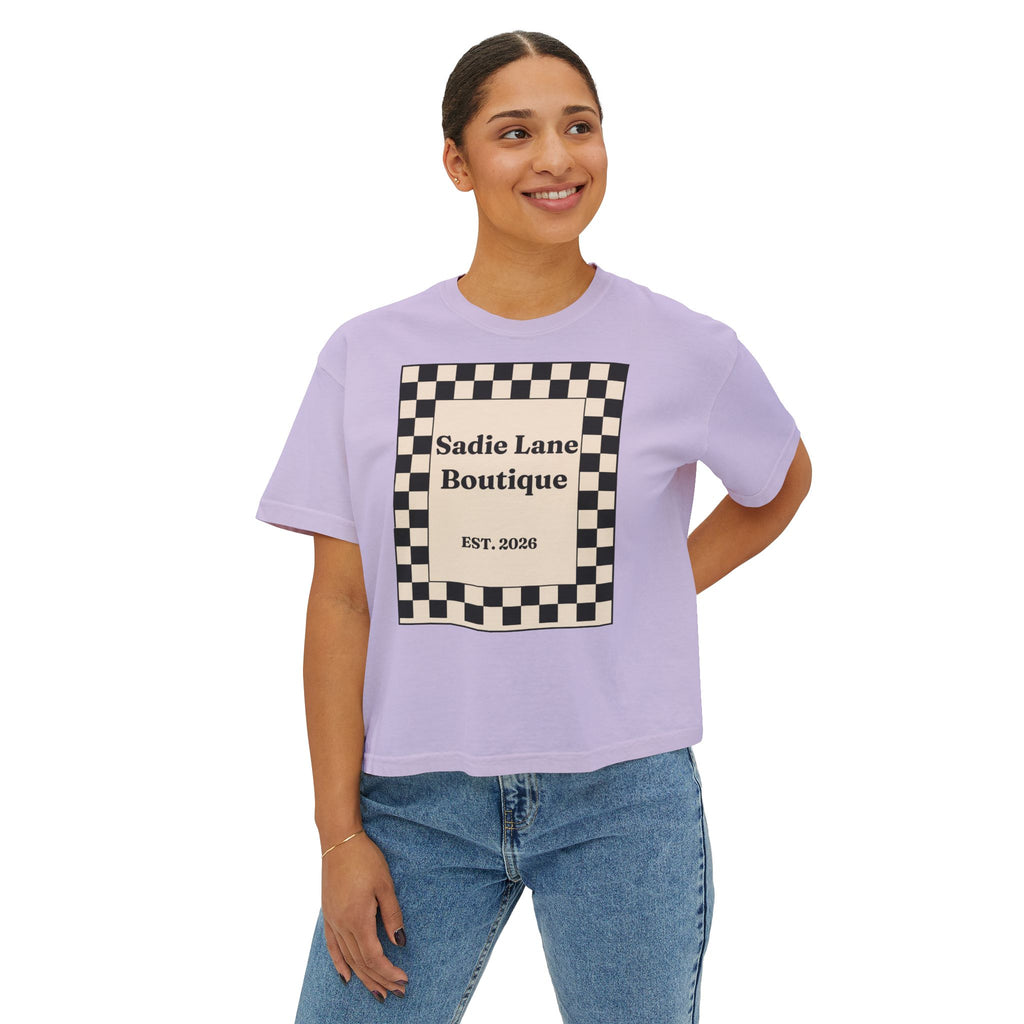 Sadie Lane Boutique Checkered Boxy Tee — Women’s Vintage Logo Crop Shirt
