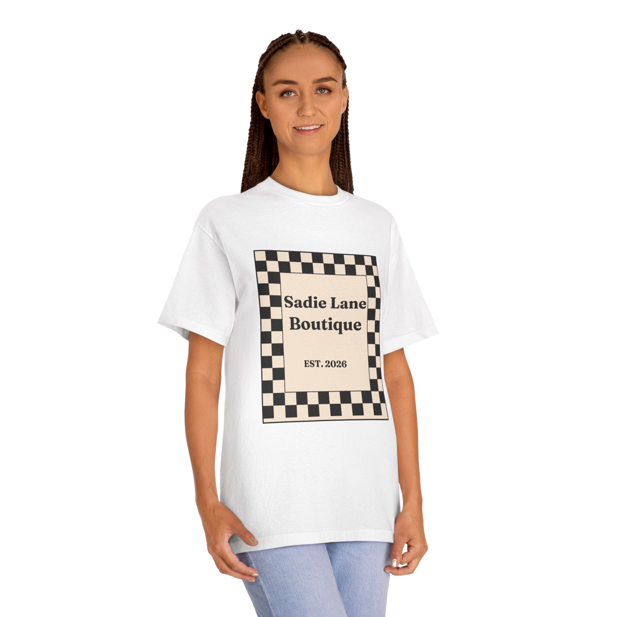 Boutique Checkerboard Tee — "Sadie Lane Boutique EST. 2026"
