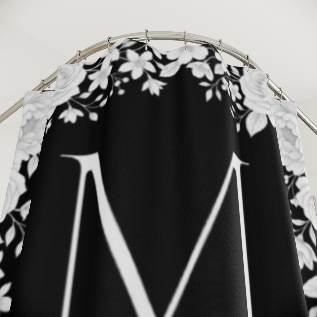 Monogram Floral Shower Curtain — Personalized Initial 'M' with Moore Name, Elegant Black & White Bathroom Decor