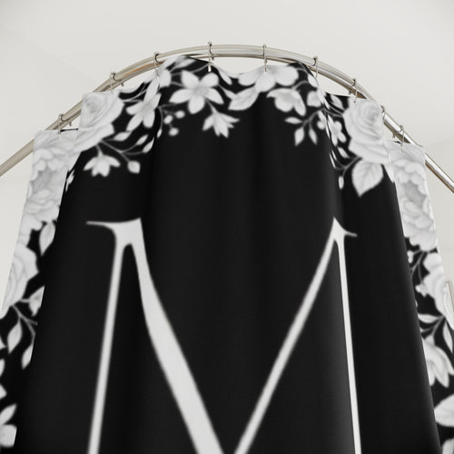 Monogram Floral Shower Curtain — Personalized Initial 'M' with Moore Name, Elegant Black & White Bathroom Decor