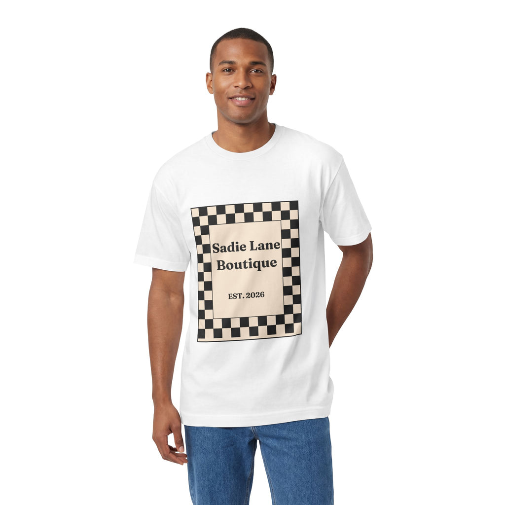 Boutique Checkerboard Tee — "Sadie Lane Boutique EST. 2026"