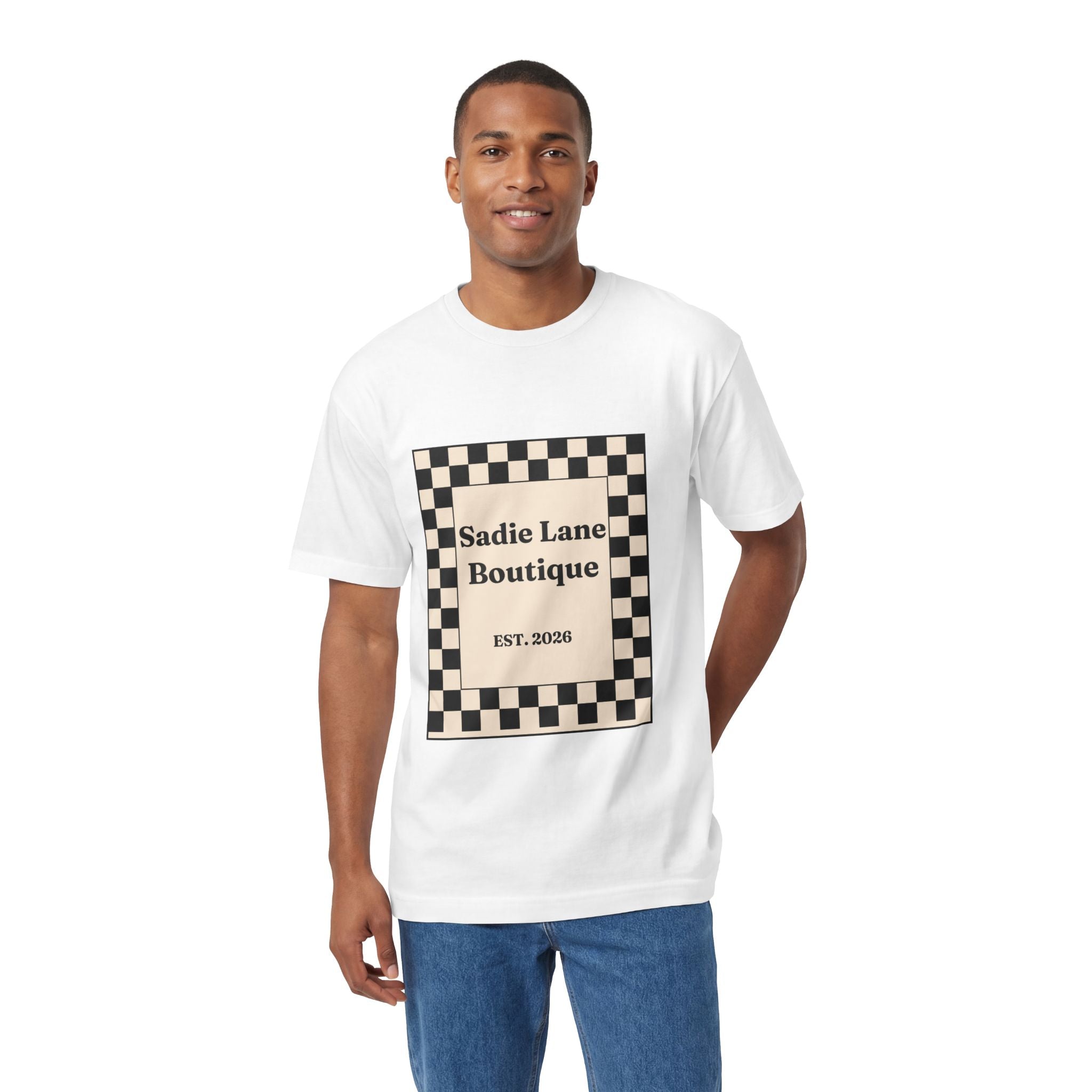 Boutique Checkerboard Tee — "Sadie Lane Boutique EST. 2026"
