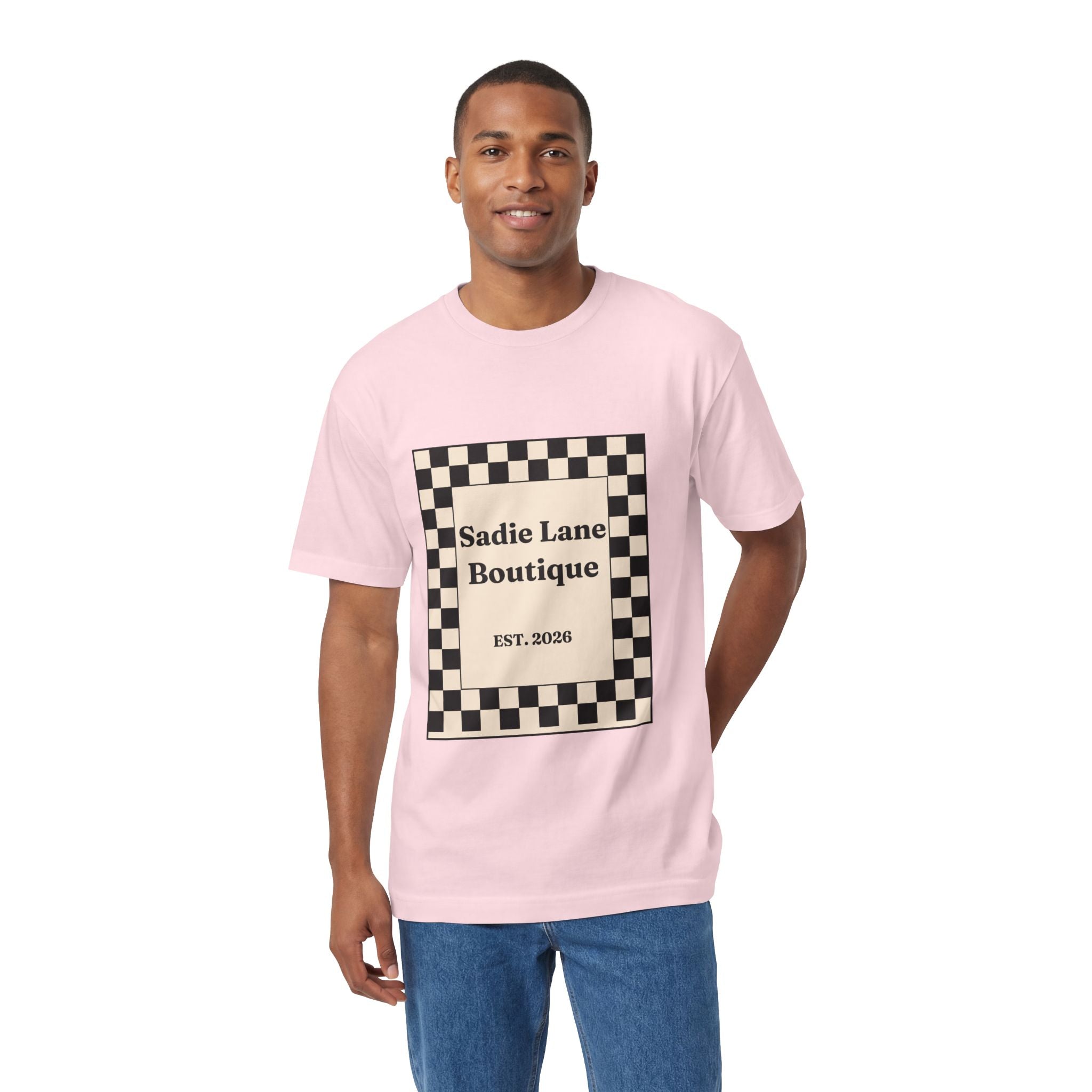 Boutique Checkerboard Tee — "Sadie Lane Boutique EST. 2026"