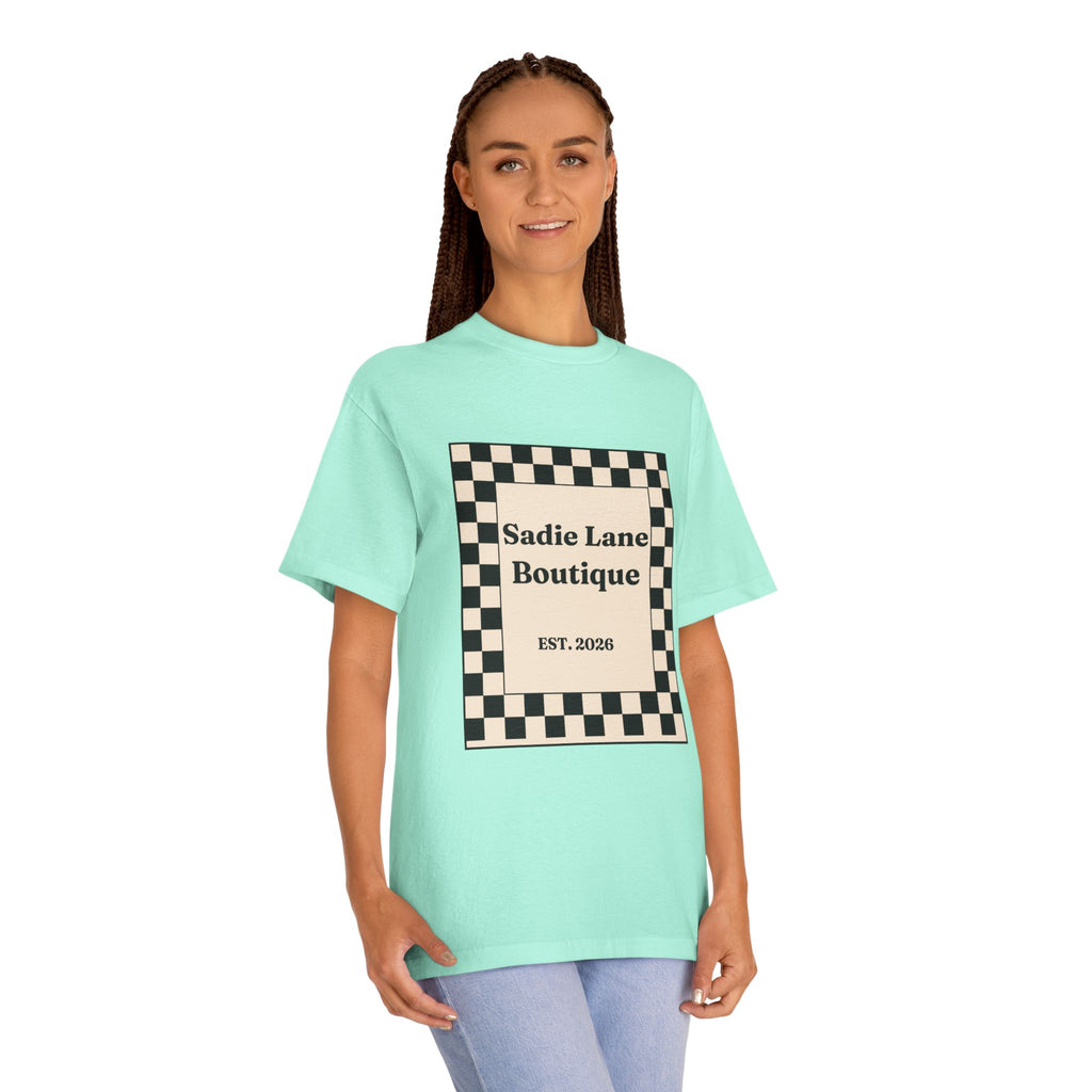 Boutique Checkerboard Tee — "Sadie Lane Boutique EST. 2026"