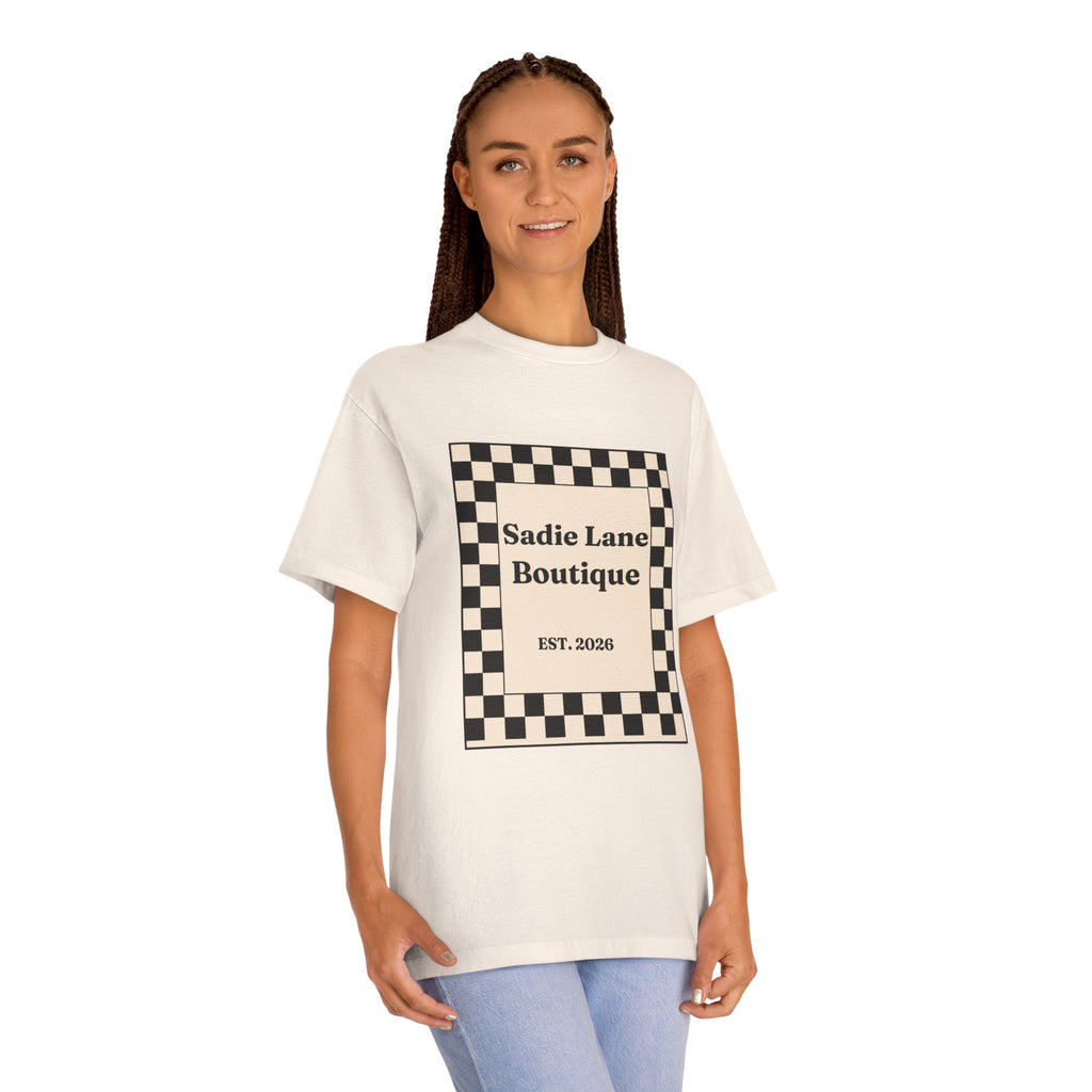 Boutique Checkerboard Tee — "Sadie Lane Boutique EST. 2026"