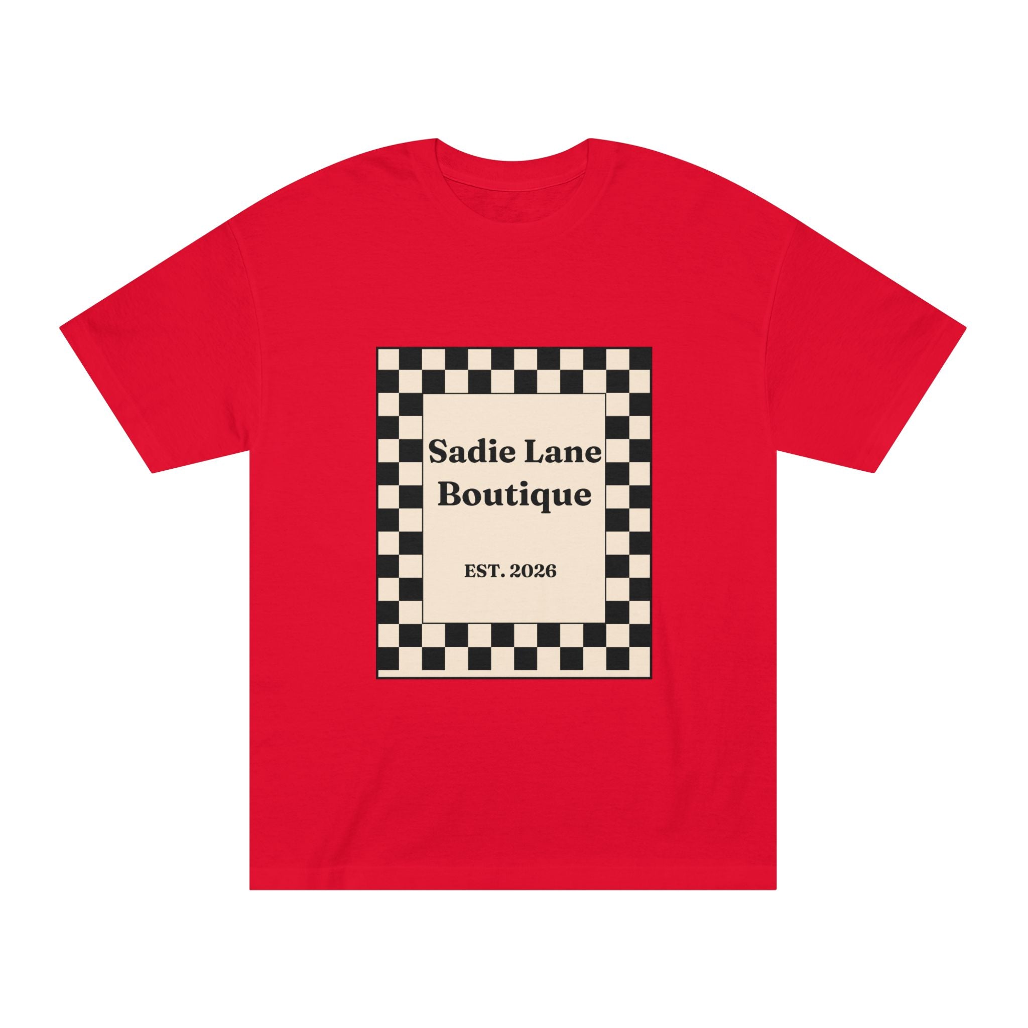 Boutique Checkerboard Tee — "Sadie Lane Boutique EST. 2026"
