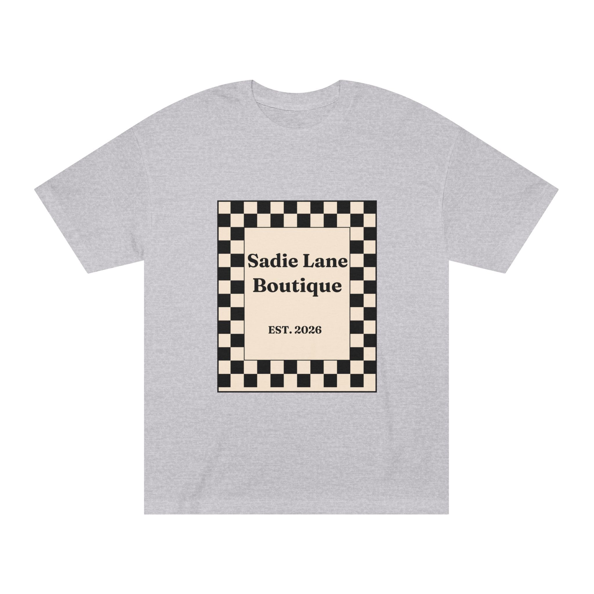 Boutique Checkerboard Tee — "Sadie Lane Boutique EST. 2026"