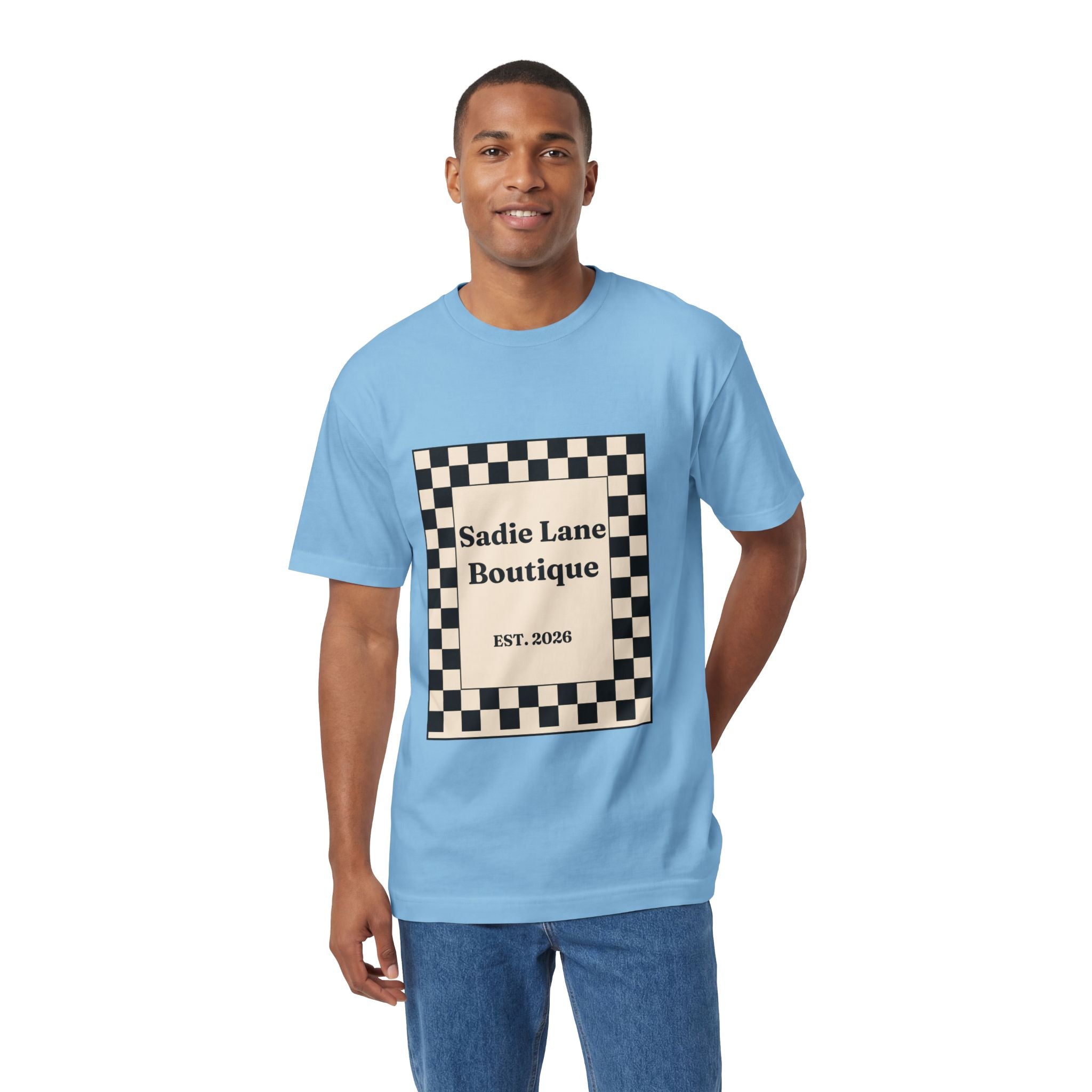 Boutique Checkerboard Tee — "Sadie Lane Boutique EST. 2026"
