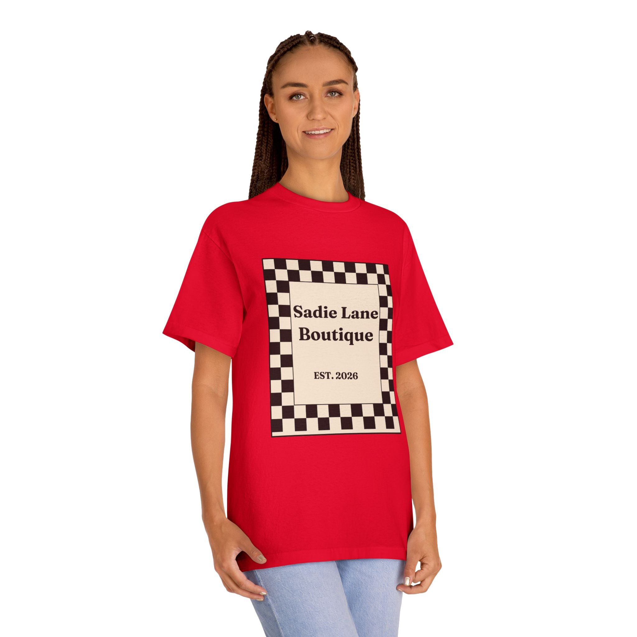 Boutique Checkerboard Tee — "Sadie Lane Boutique EST. 2026"