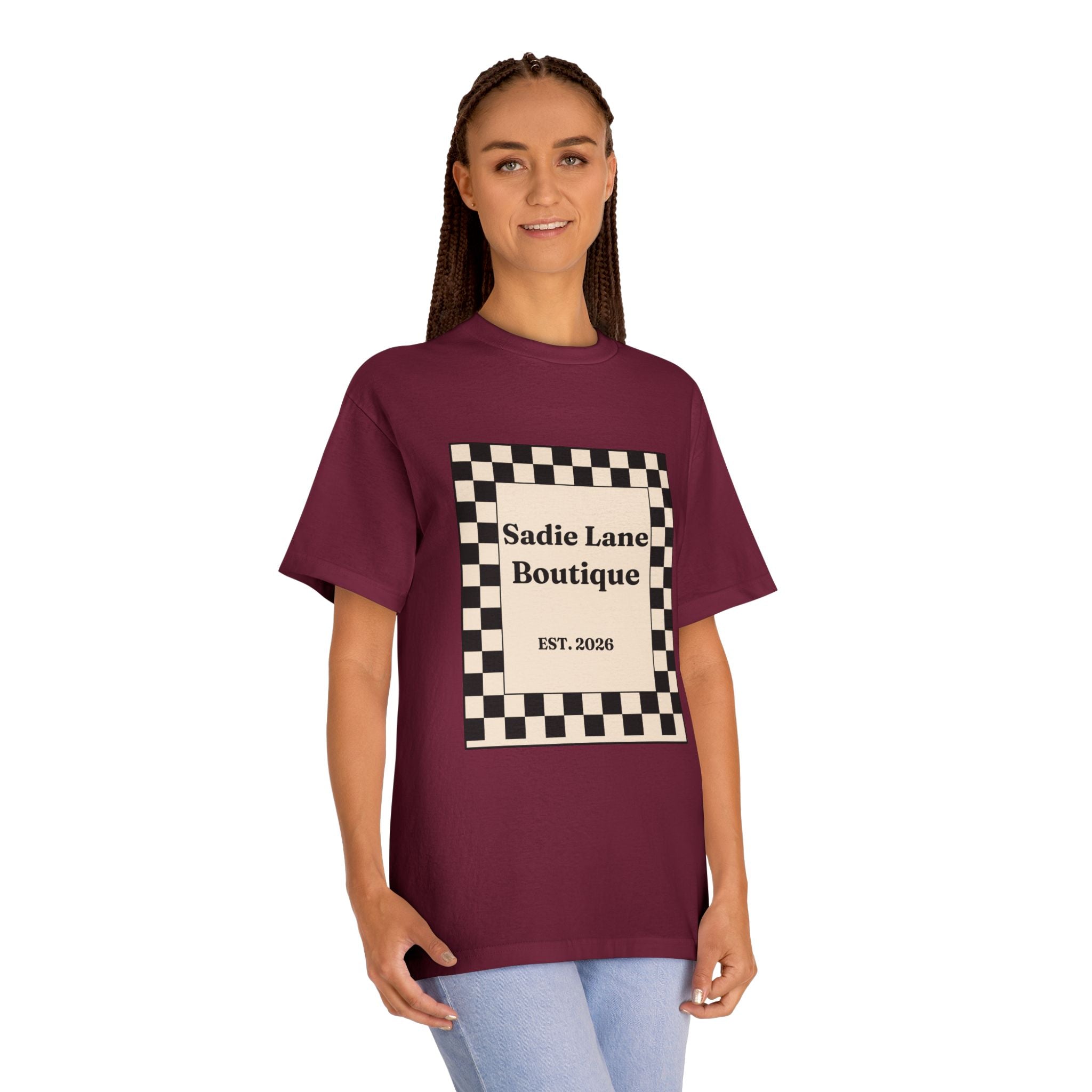 Boutique Checkerboard Tee — "Sadie Lane Boutique EST. 2026"