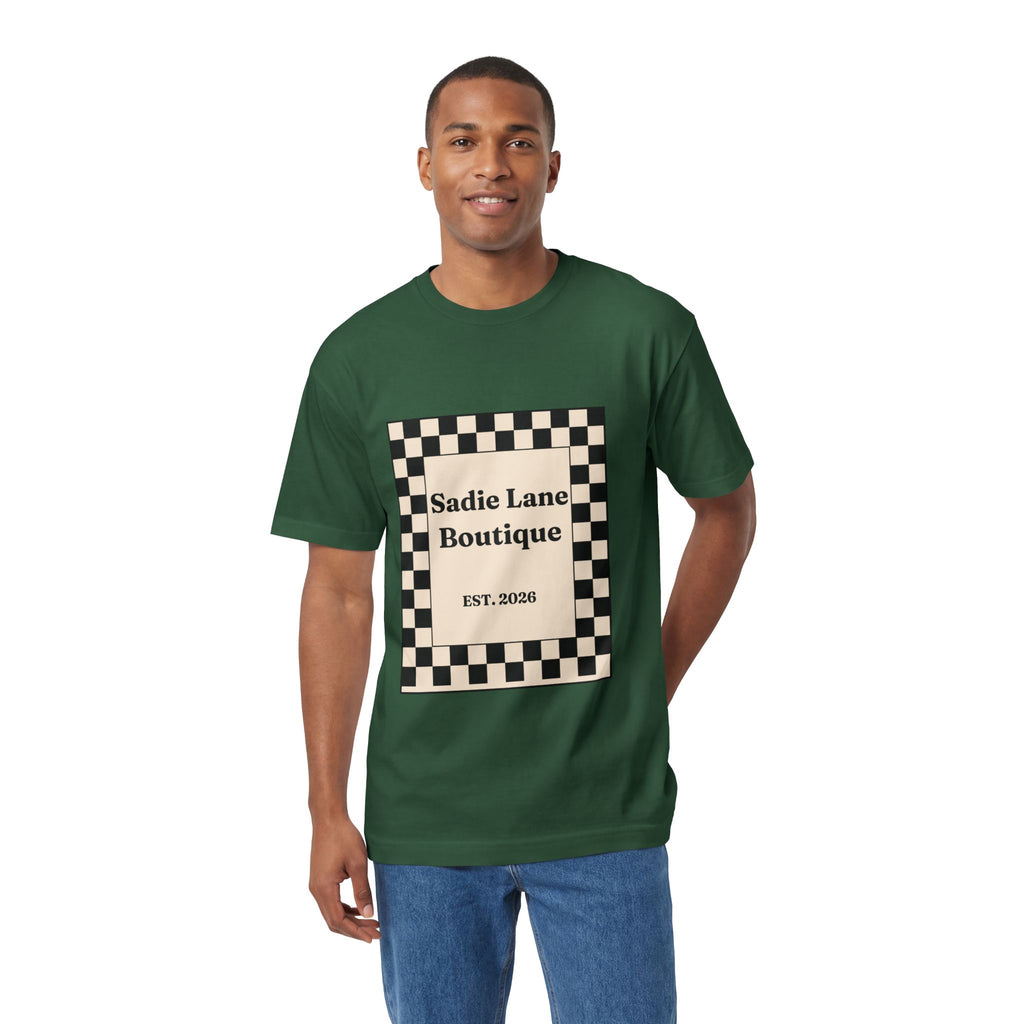 Boutique Checkerboard Tee — "Sadie Lane Boutique EST. 2026"