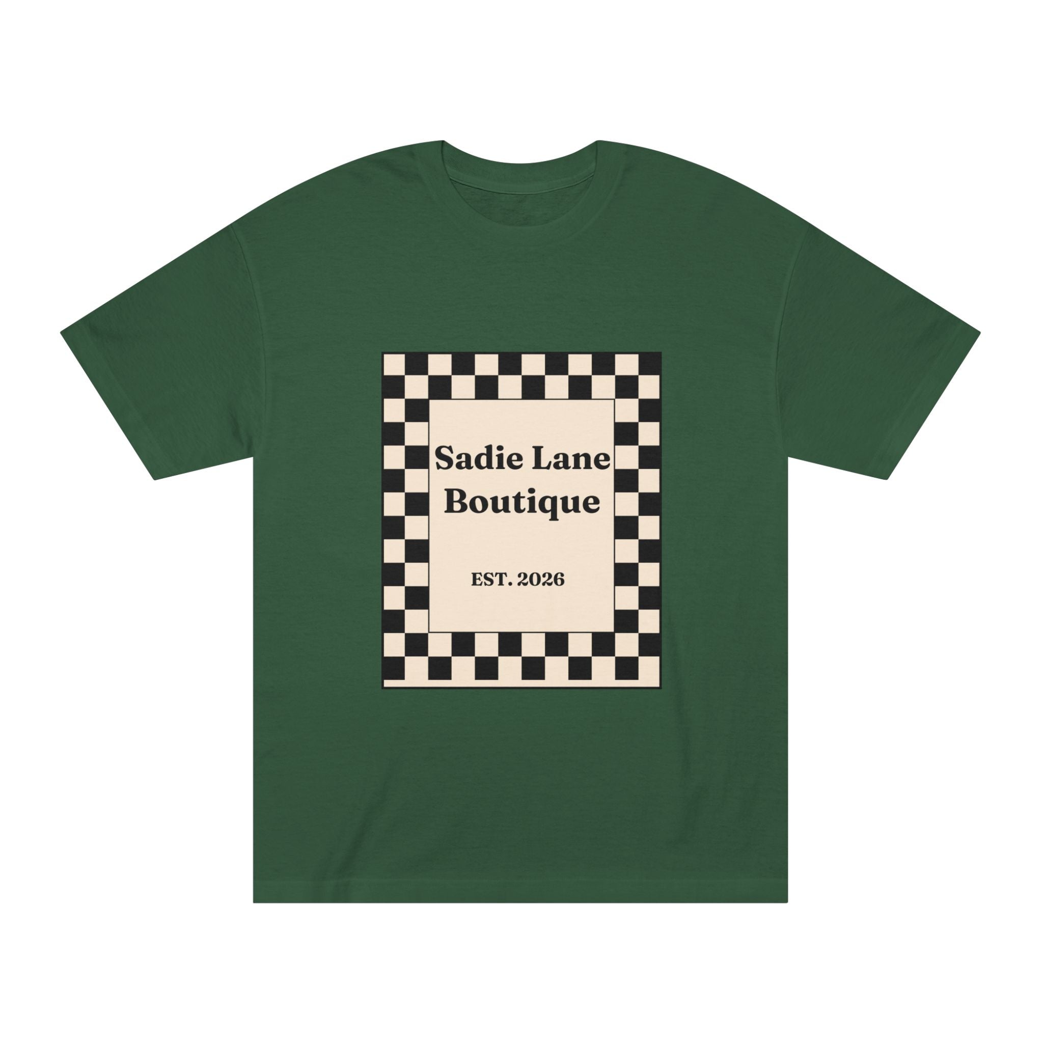 Boutique Checkerboard Tee — "Sadie Lane Boutique EST. 2026"